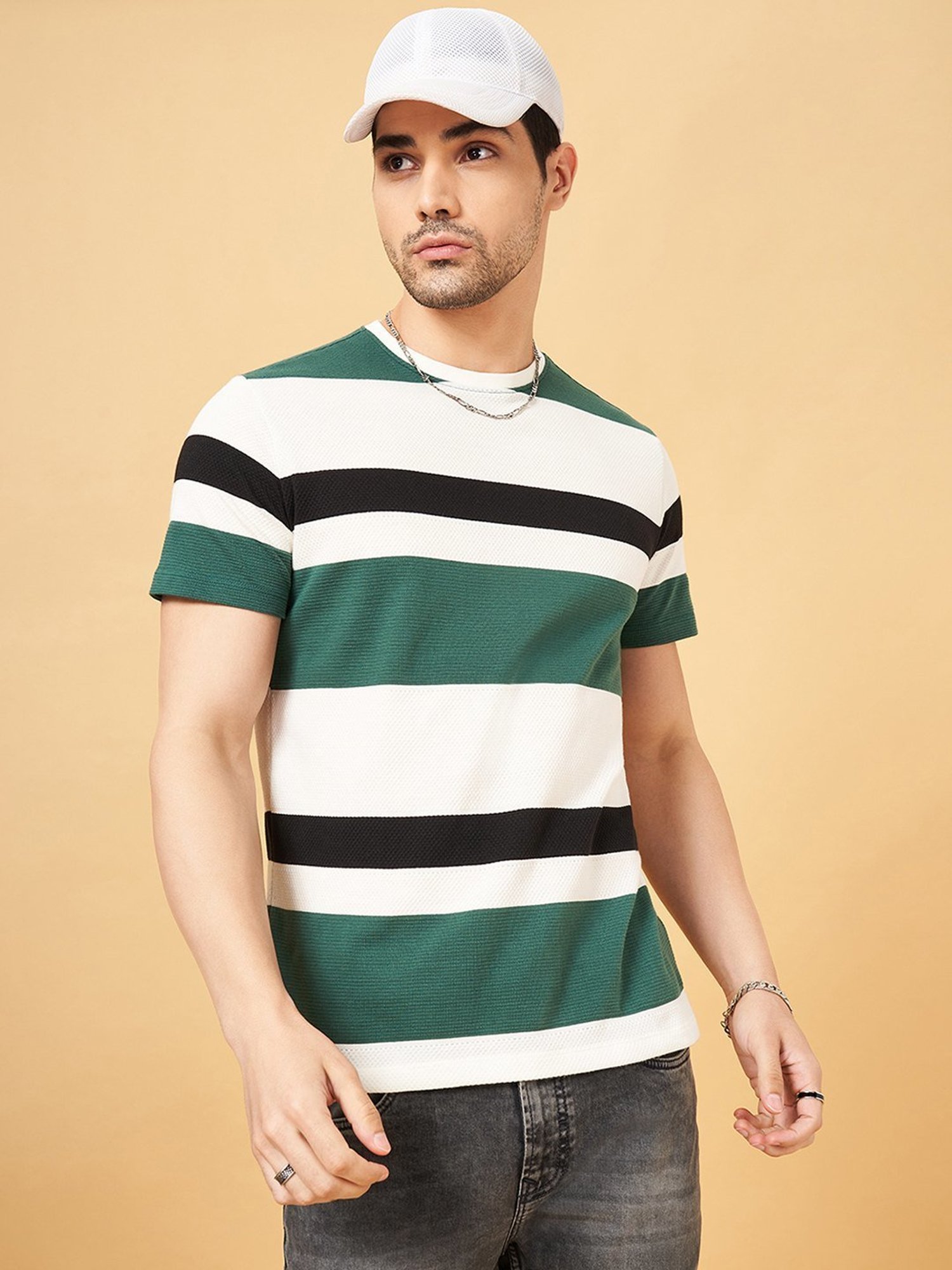 Sf Jeans By Pantaloons Green Slim Fit Striped T-Shirt