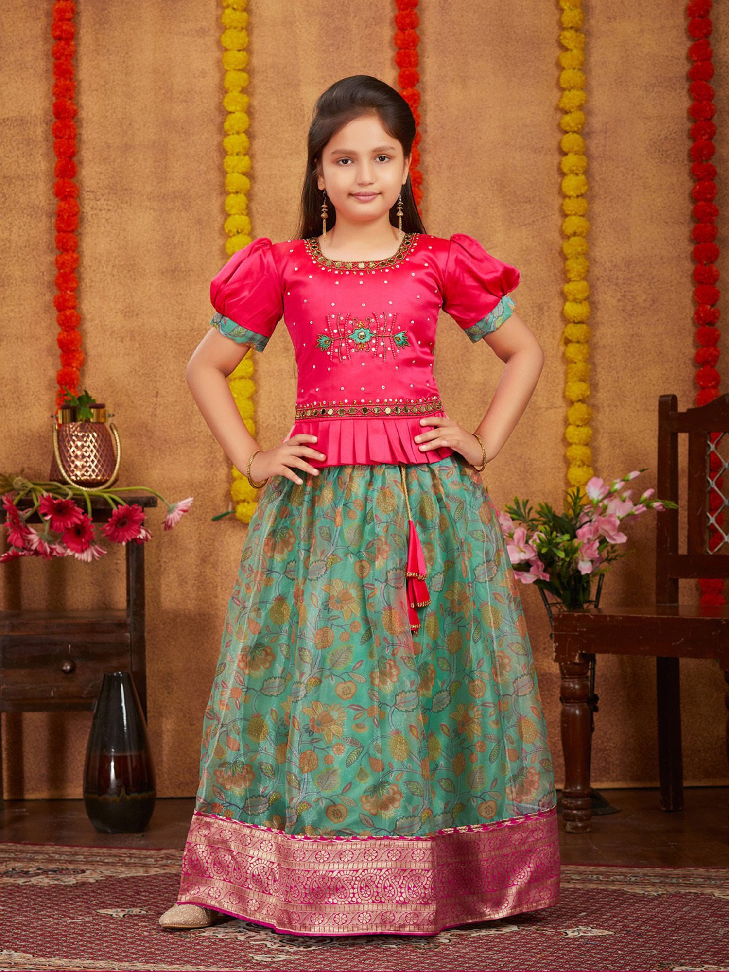 A Little Fable Kids Blue Printed Lehenga with Choli & Dupatta