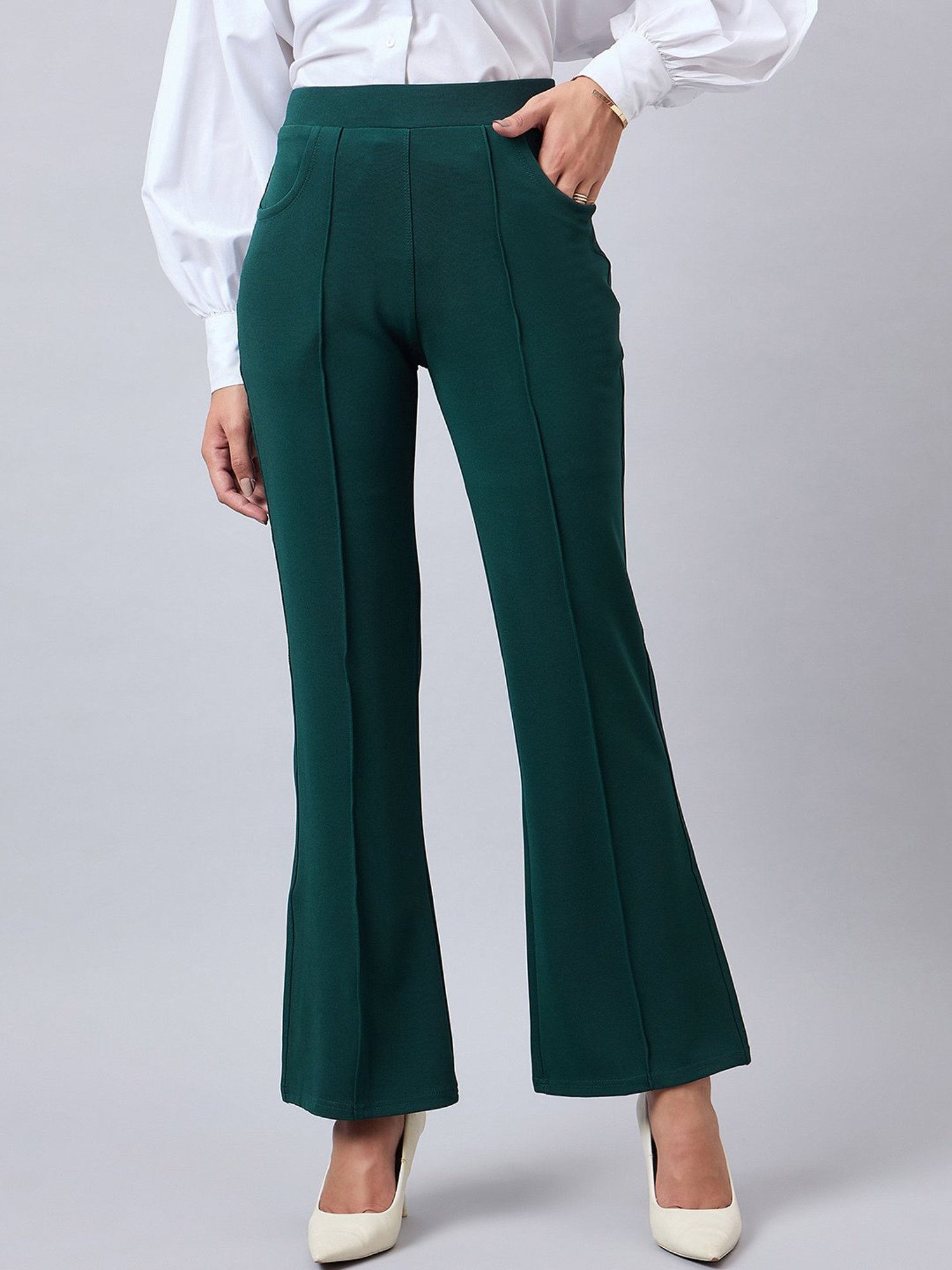 Style Quotient Green Relaxed Fit High Rise Trousers