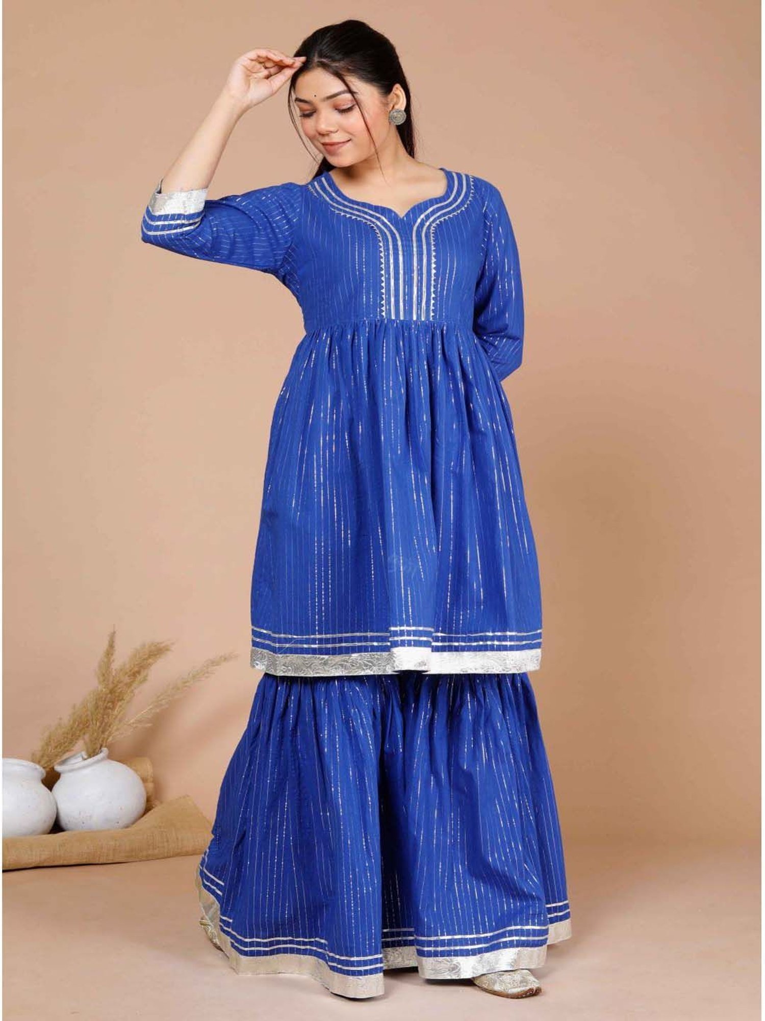 Miravan Blue Cotton Striped Kurti Sharara Set