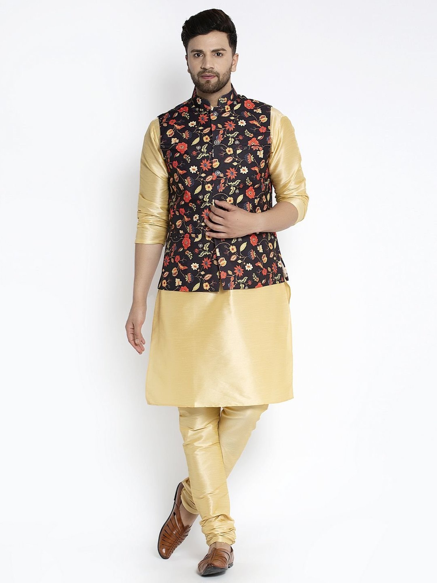 Benstoke Gold & Black Regular Fit Floral Print Kurta Set With Jacket
