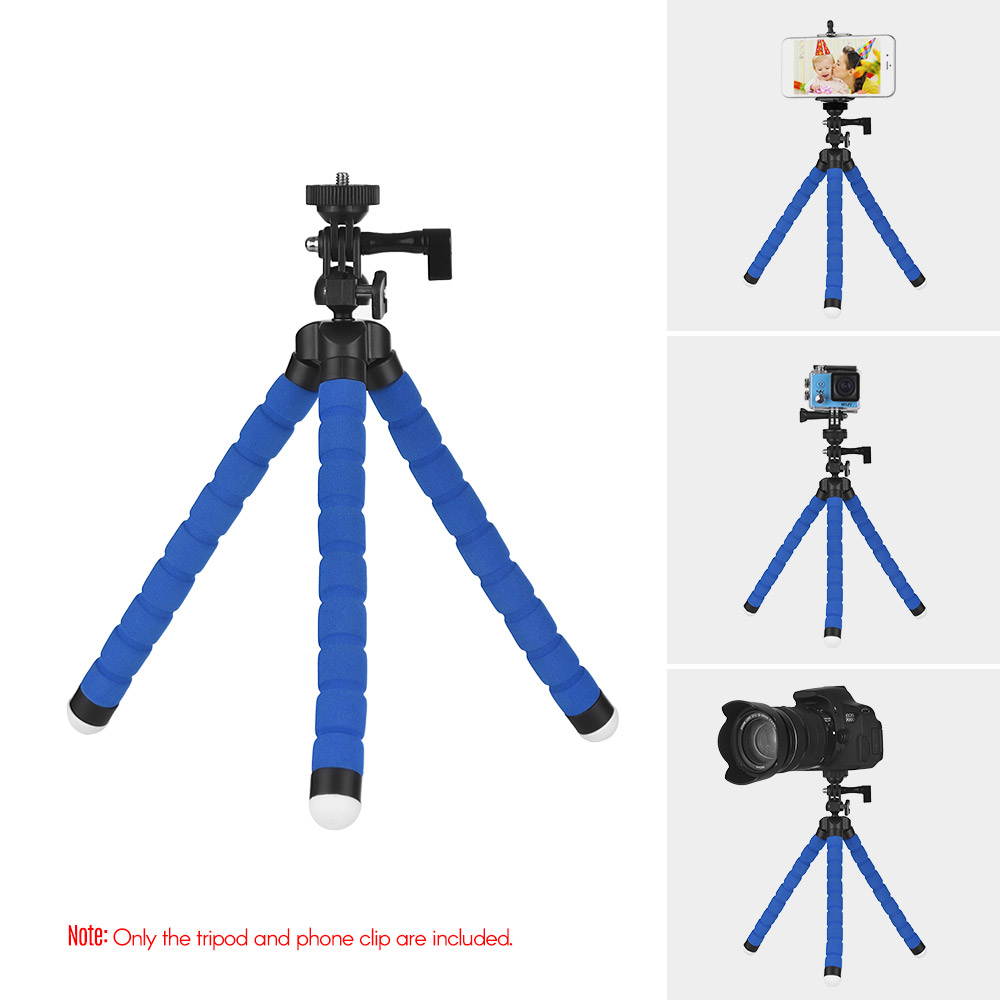 Flexible Sponge Octopus Tripod Stand Holder with Smartphone Clip 1/4 Inch Screw 360 Degree Rotation for iPhone Huawei Samsung GoPro Camera Video Camera