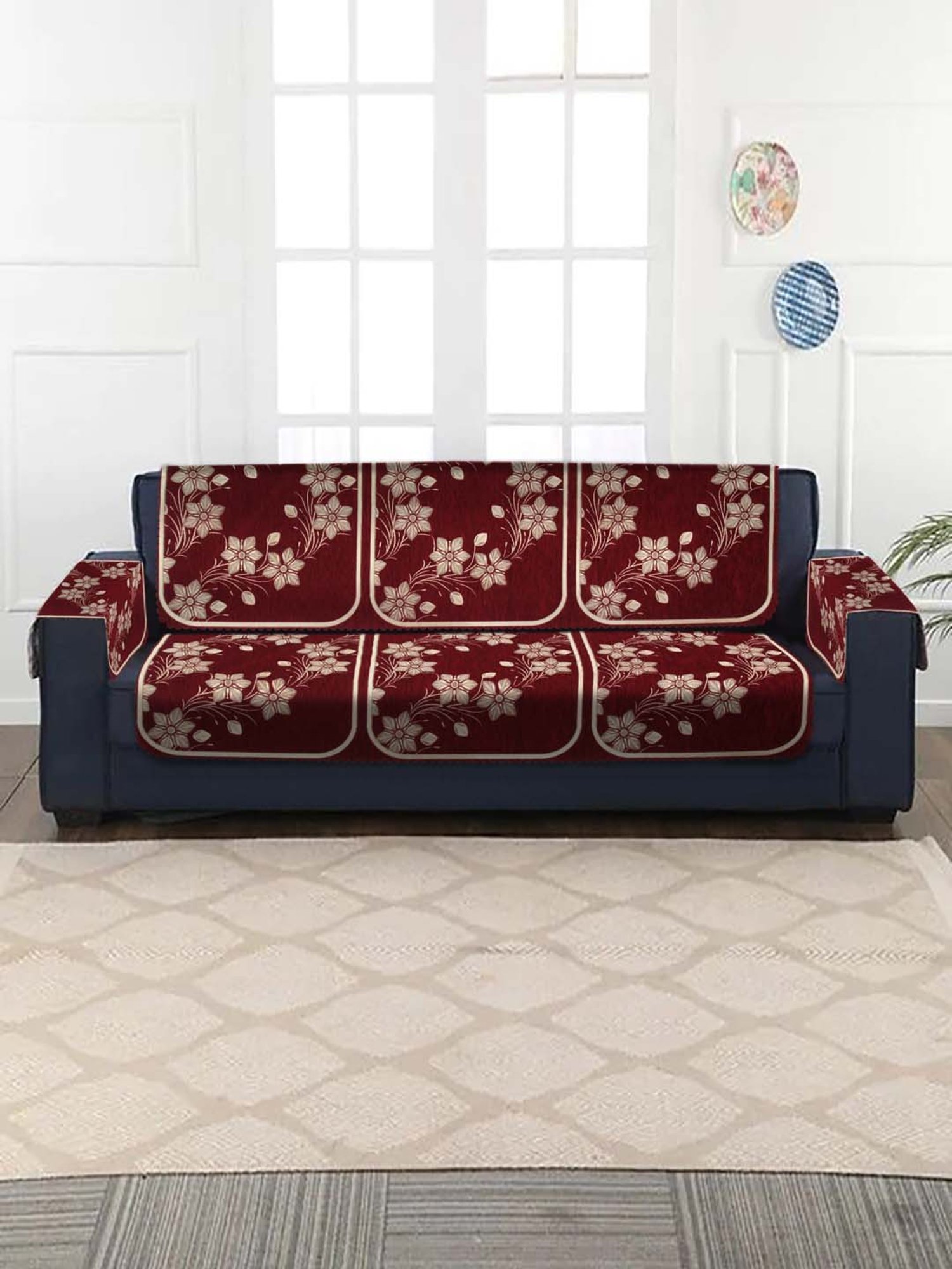 HOSTA HOMES Maroon & Beige Velvet Sofa Cover With Arm Rest - Set of 16