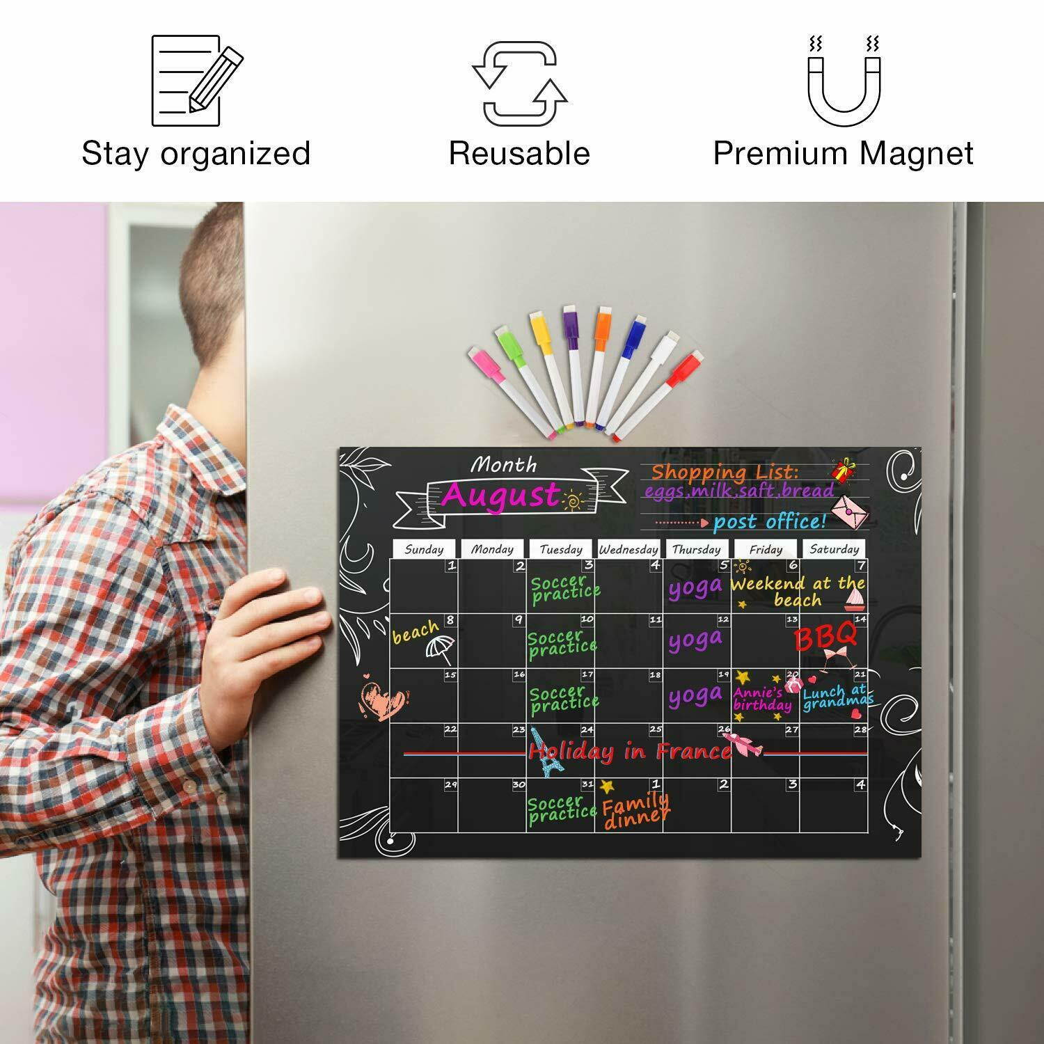 MoKo Magnetic Dry Erase Monthly Calendar Planner Refrigerator Shopping List New