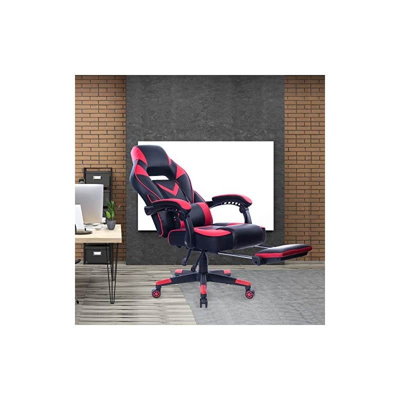 Gaming Chair Racing Office Chair - Adjustable Lumbar Cushion, Retractable Footrest and Arms High Back Ergonomic Leather Computer Desk Chair