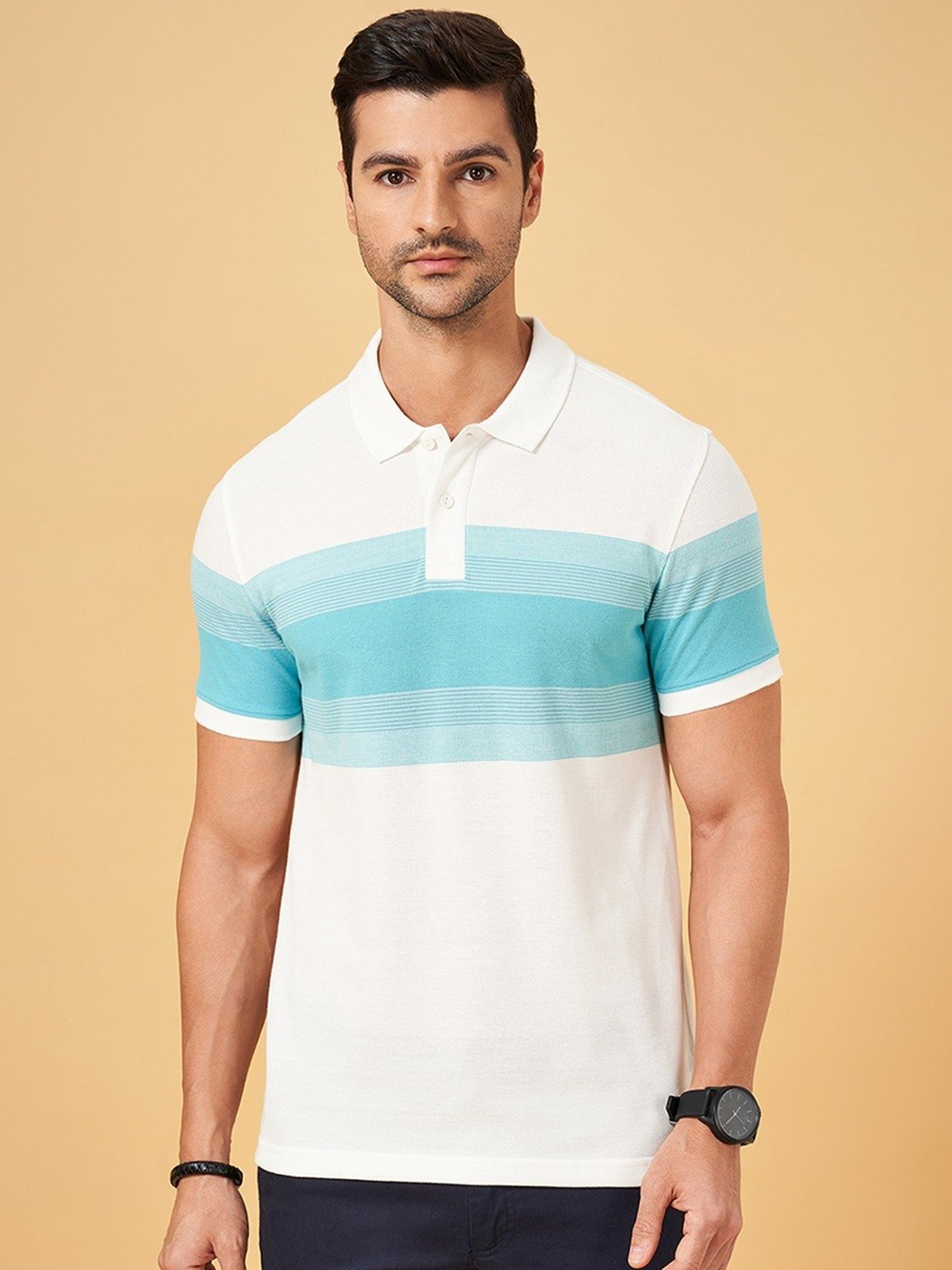 Byford By Pantaloons White Slim Fit Striped Polo T-Shirt