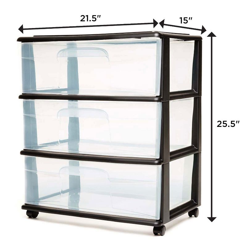 Homz 05543BKDC.01 Tall Solid Plastic 3 Drawer Medium Storage Cart with Caster Wheels for Living Room, Kitchen, Bedroom, Bathroom, and More, Black