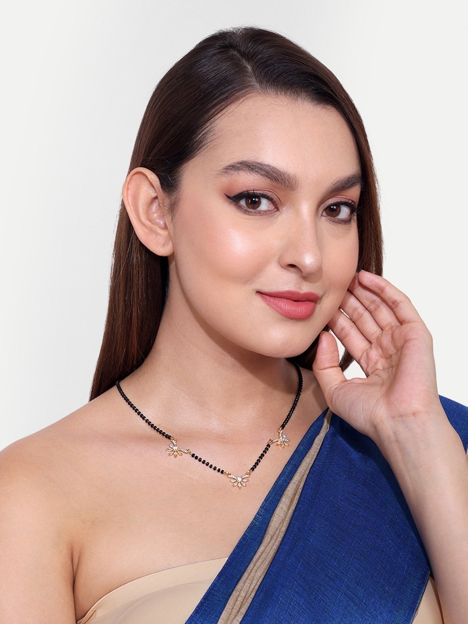 Abdesigns Gold-Plated Black Beaded American Diamond Mangalsutra