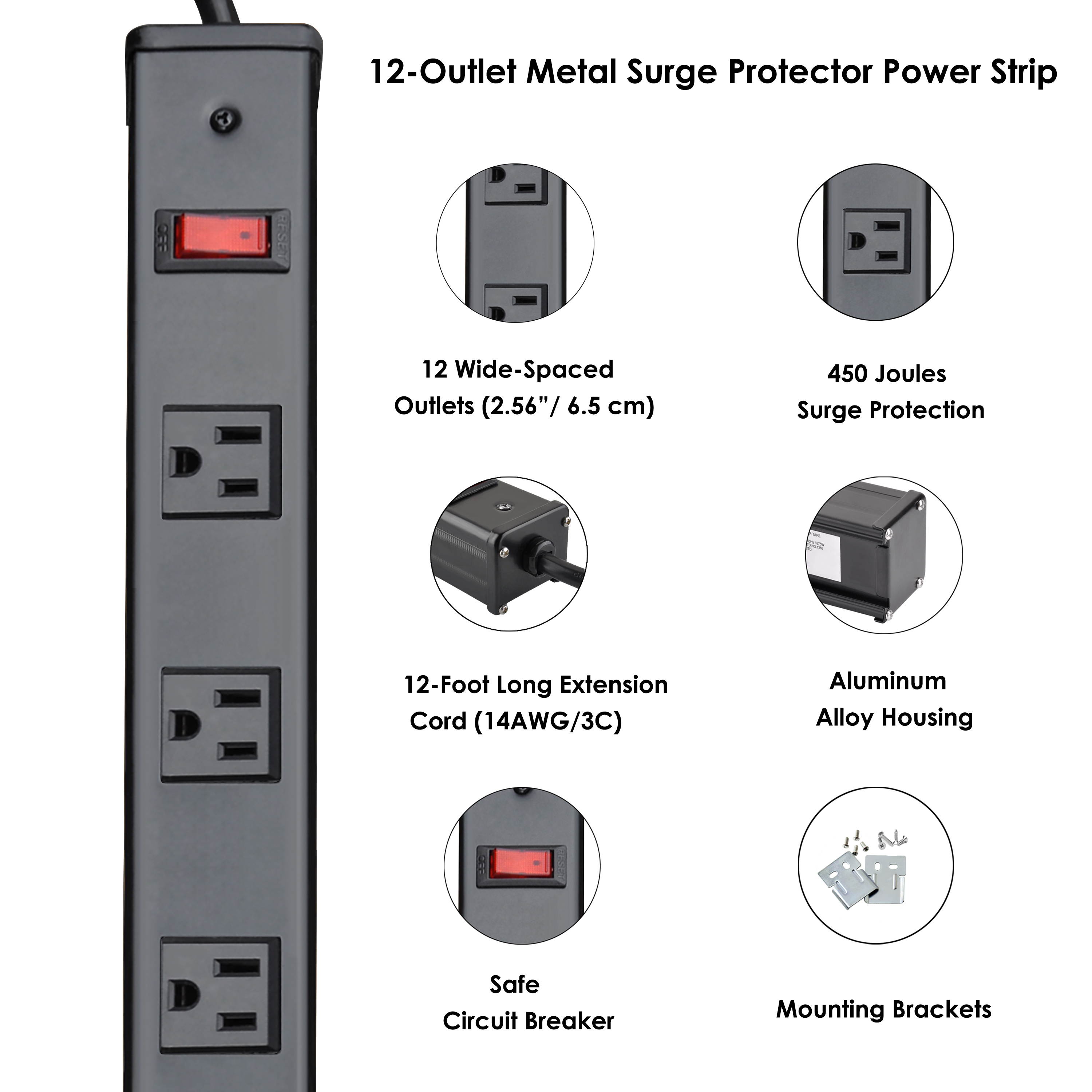 BESTTEN Metal Surge Protector Power Strip, 12 Wide-Spaced Outlets and 12ft Long Extension Cord, 450 Joules, 15A/125V/1875W, On/Off Circuit Breaker, ETL Listed, Black