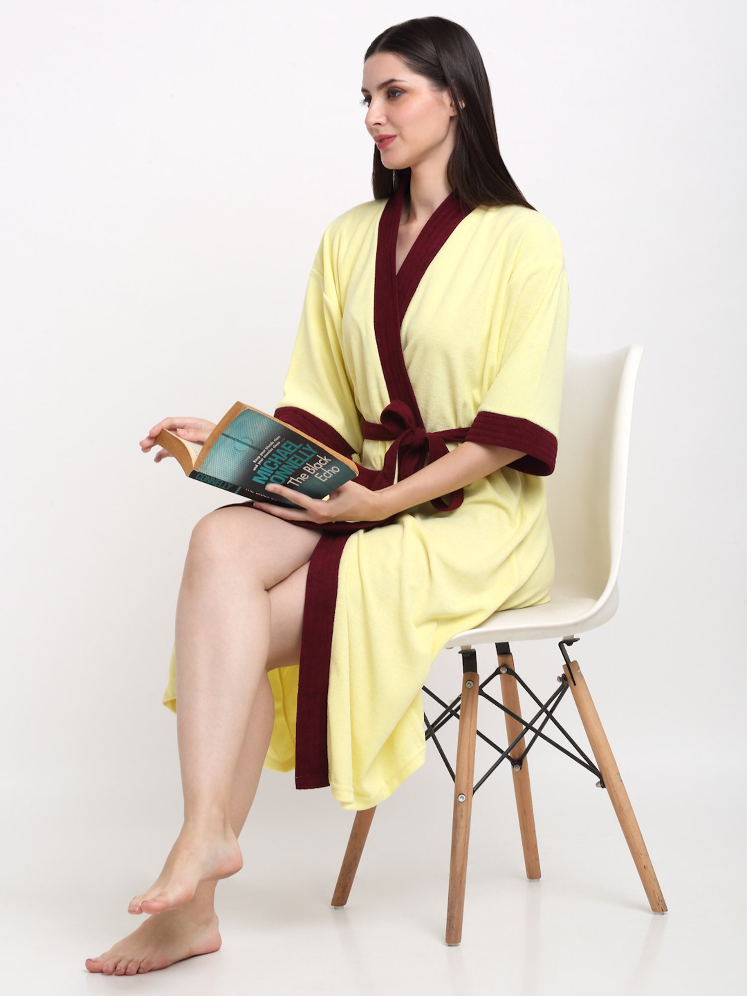 Creeva Everyday Lemon & Wine 225 GSM Micro Terry Bathrobe with Front Pocket & Kimono Collar