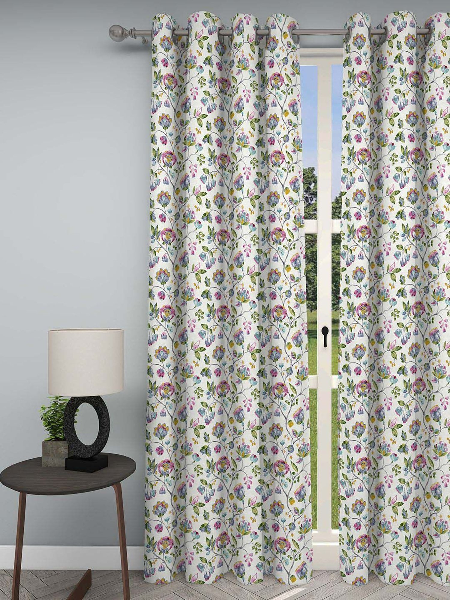 Swayam Cream & Blue Printed Faux Silk Door Curtains - Set of 2