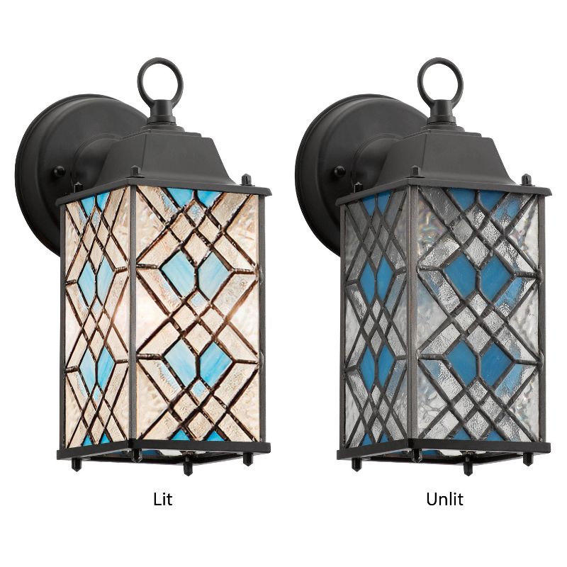 10.25" 1-Light Traditional Satin Outdoor Stained Glass Lantern Wall Sconce Black - River of Goods