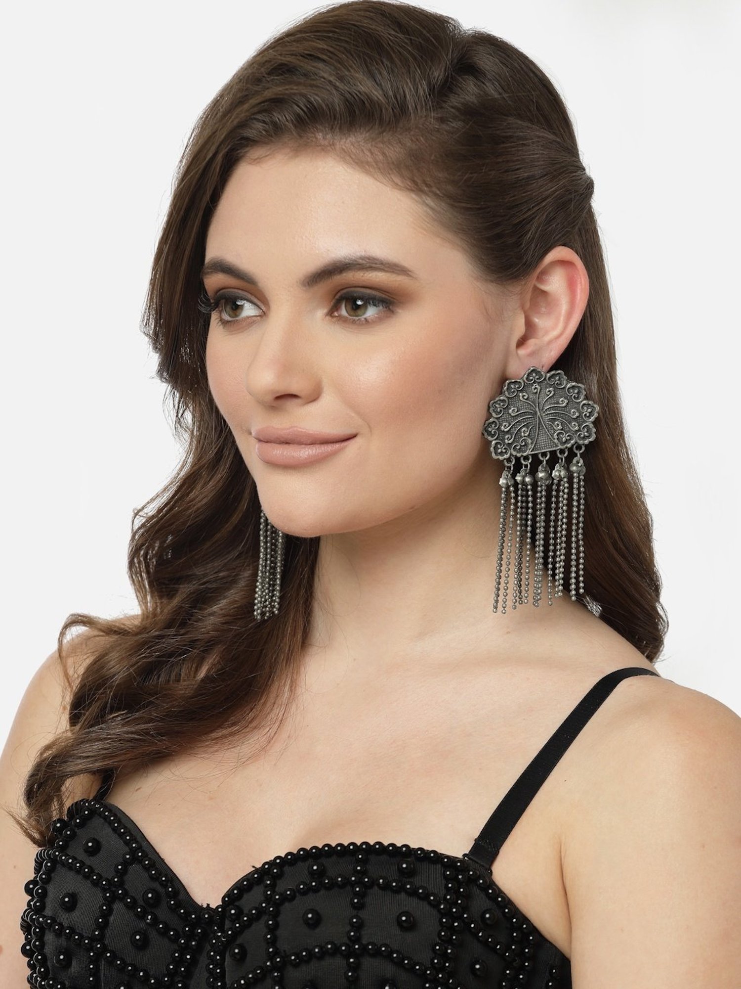 Moedbuille Handcrafted Antique Tasselled Design Oxidized Silver-Plated Floral Dangler Earrings