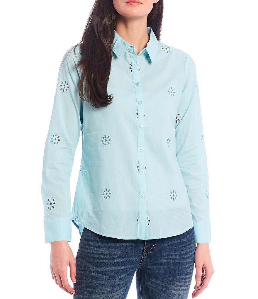 Reba Embroidered Eyelet Button Front Spread Collar Long Sleeve Shirt