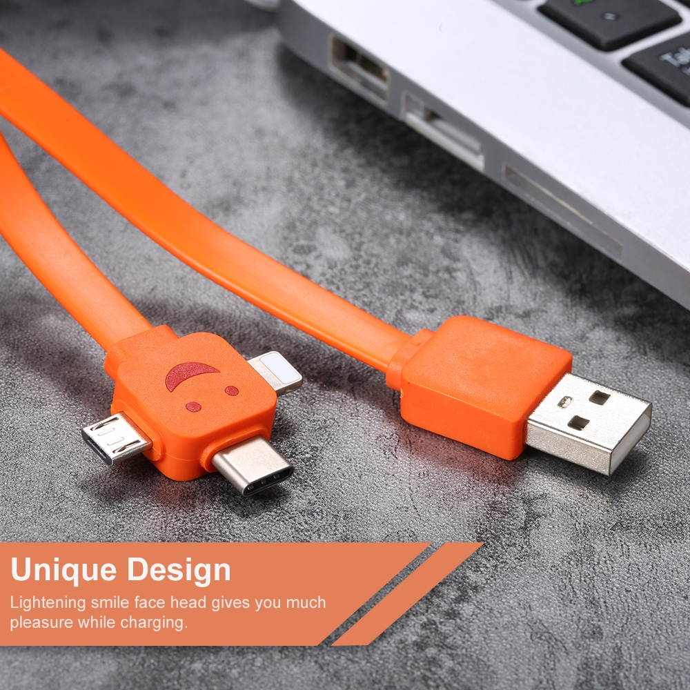 3 in 1 Charging Cable Data Cable Lighting Noodle Cables Multifunctional Mobile Phone Charging Cable 1M with Lightning/Micro USB/Type-C Ports Replacement for iPhone/Samsung/Xiaomi/Huawei(Orange)