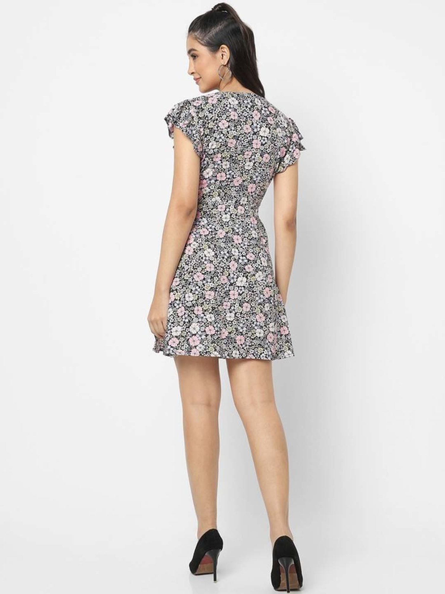 VASTRADO Black & Pink Floral Print A-Line Wrap Dress
