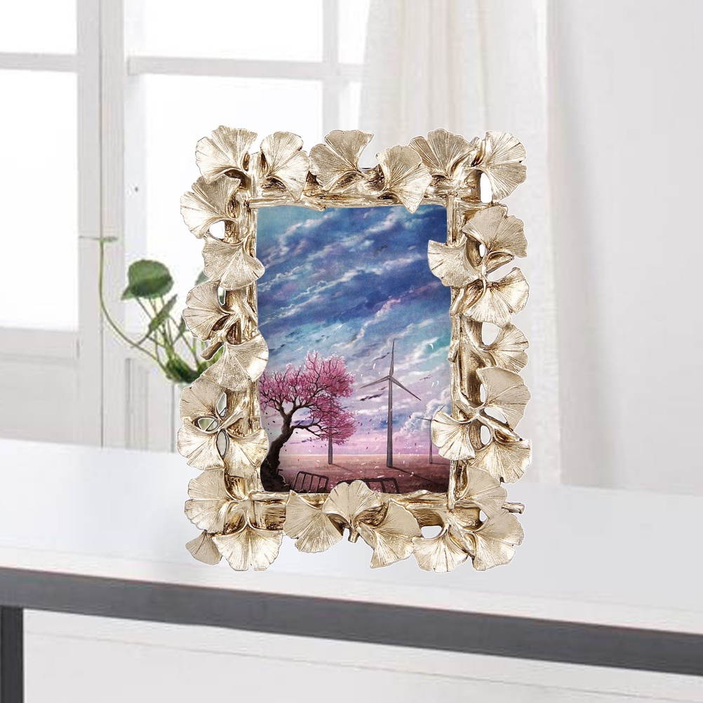 Photo Frame European Retro Resin Gold Ginkgo Leaf Photo Frame Decorative Desktop Picture Frame Study Children Room (Golden)