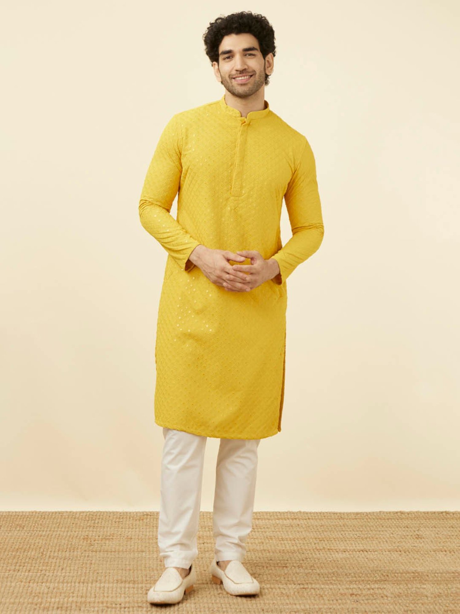 Manyavar Mustard & Cream Regular Fit Embroidered Kurta & Pyjamas Set