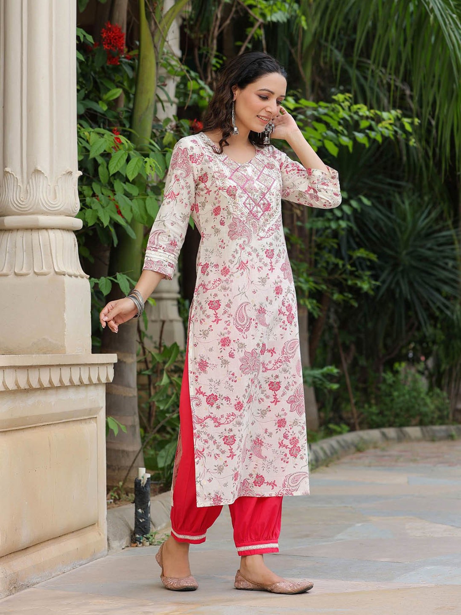 Rain and Rainbow Cream & Red Pure Cotton Floral Kurta & Salwaar Set
