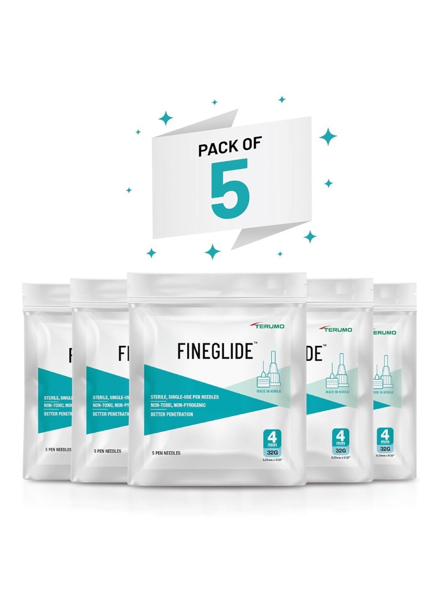 Terumo Fineglide Pen Needles 4mm & 32G, 25 Count Pack of 5 (Blue)