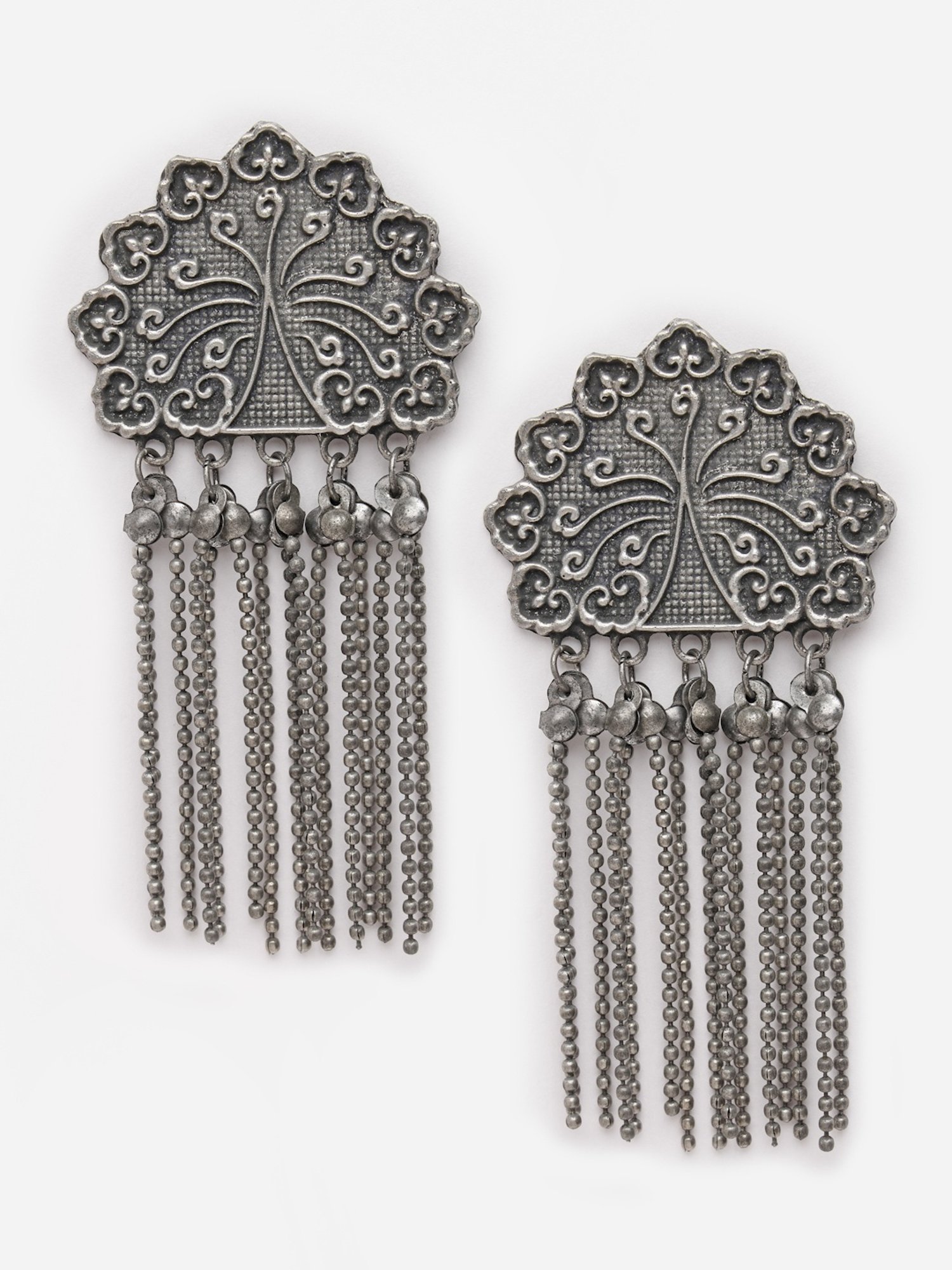 Moedbuille Handcrafted Antique Tasselled Design Oxidized Silver-Plated Floral Dangler Earrings