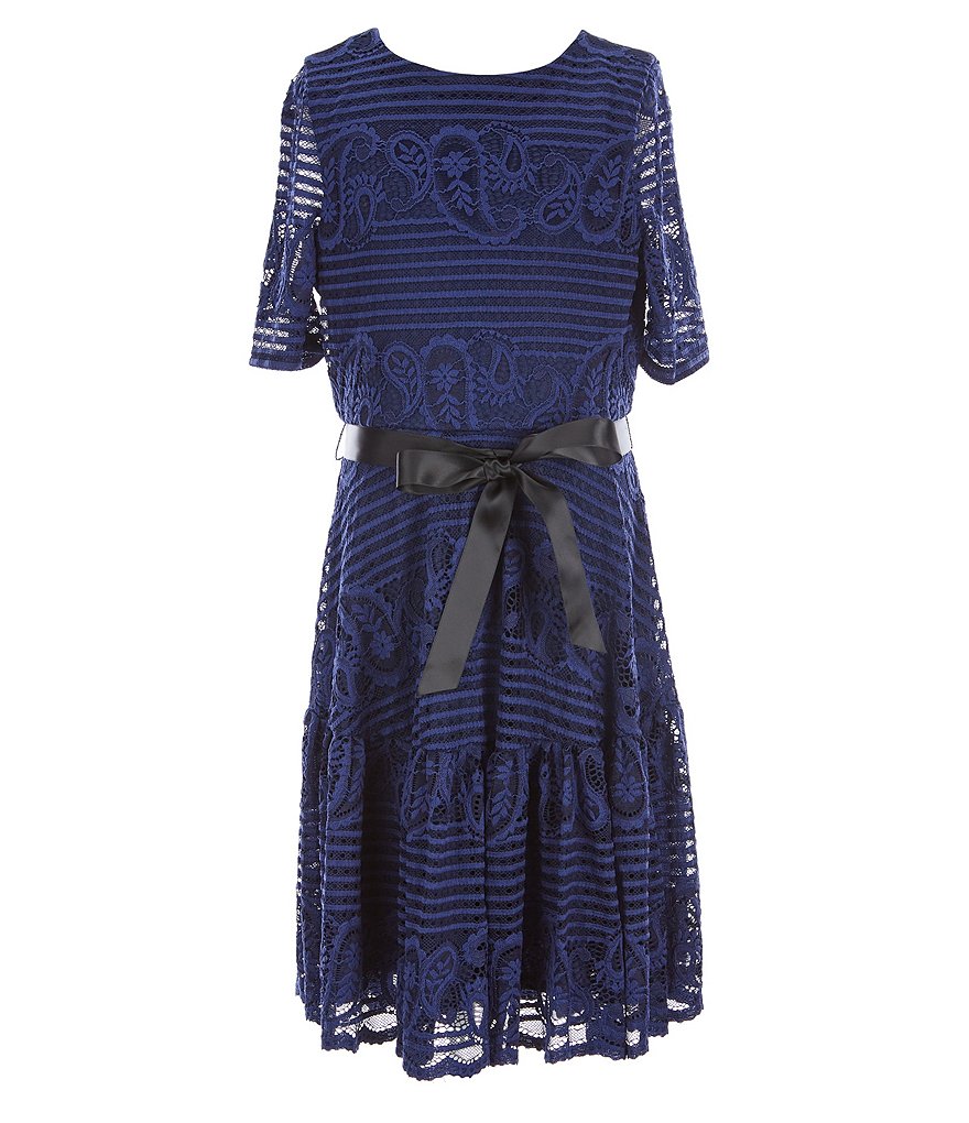 Us Angels Big Girls 7-16 Short-Sleeve Tie-Waist Laced Tiered Fit-And-Flare Dress