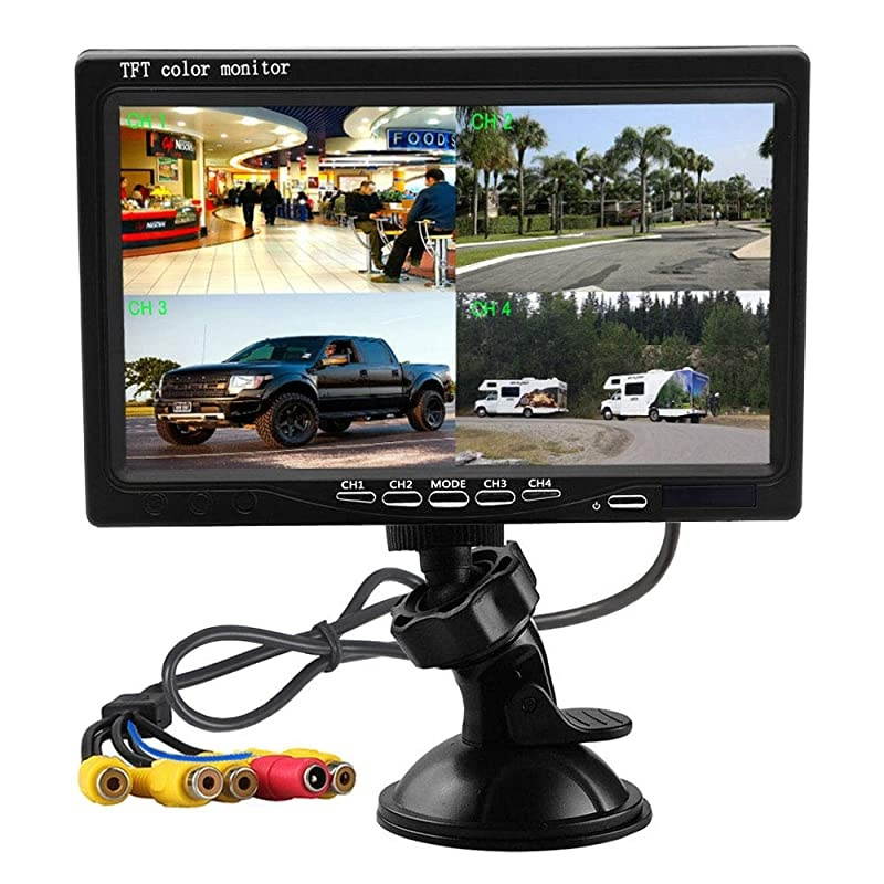 Quad Split Monitor 7 Inch HD Screen TFT LCD Video Displays for Home CCTV Surveillance Security System Windshield Style Parking Dashboard Monitor for Car Backup Camera