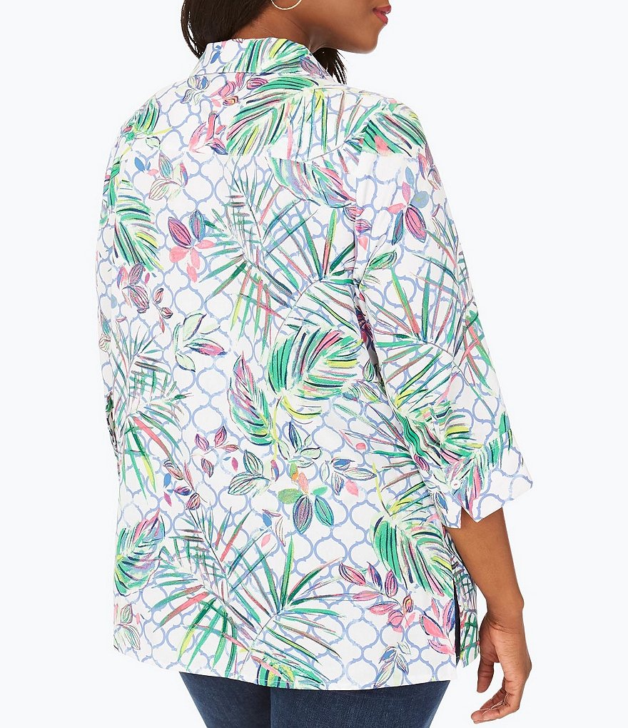 Foxcroft Plus Size Tropical Trellis Point Collar Neck Button Front 3/4 Sleeve Shirt