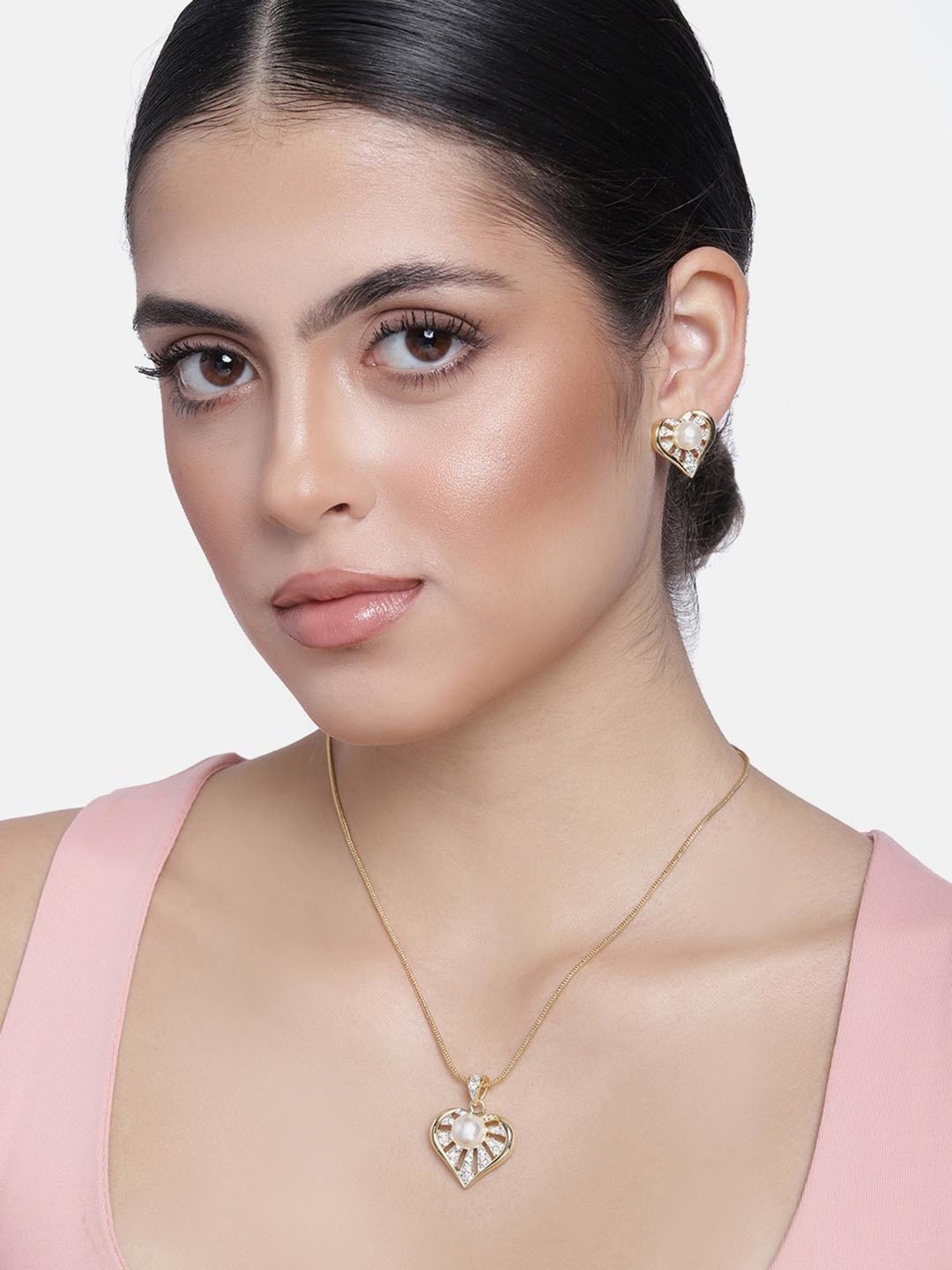 Estele Gold & Rhodium-Plated Heart-Shaped Pendant Set with Pearl and Crystals for Women