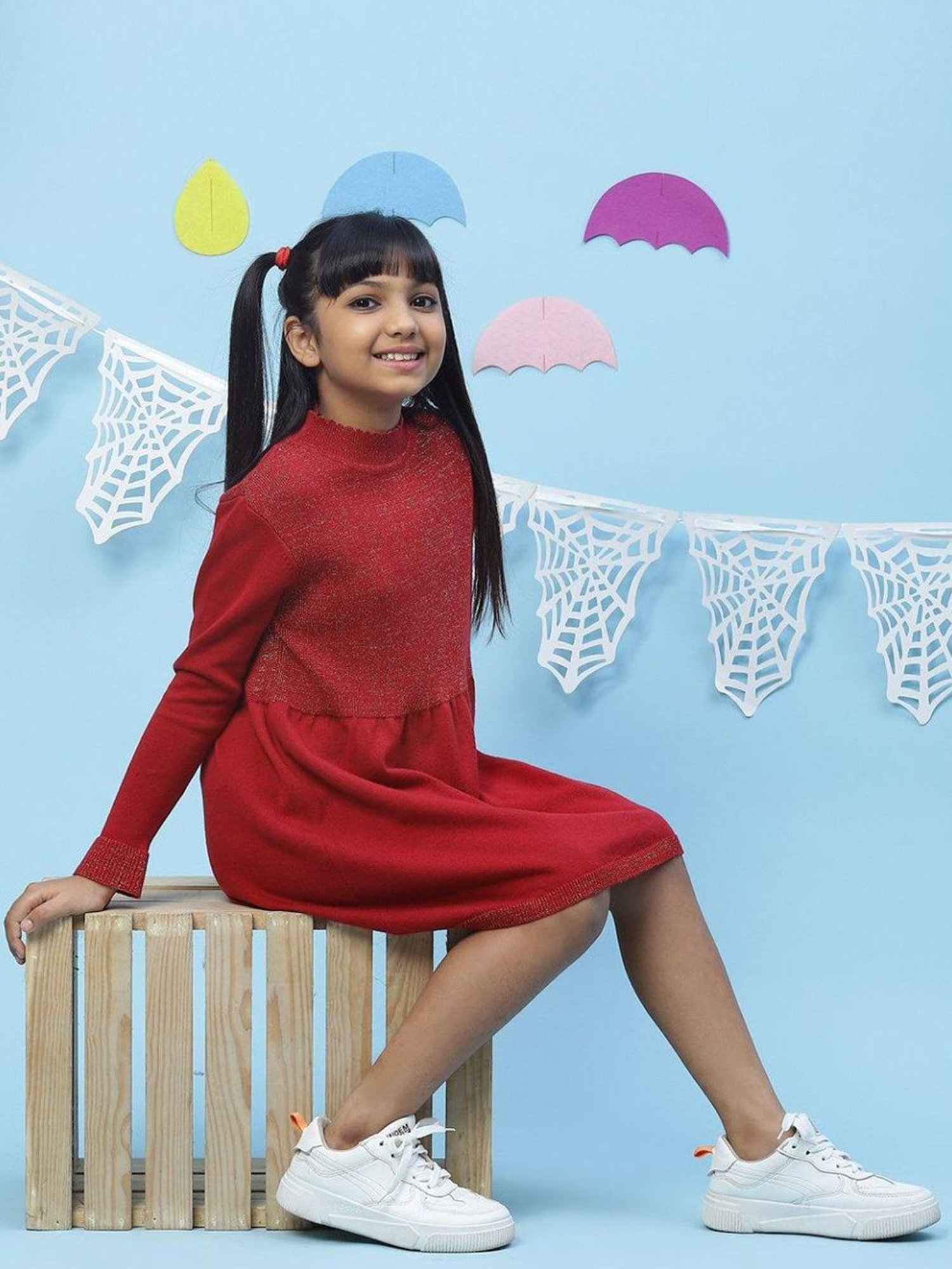 BIBA Girls Cherry Red Cotton Self Pattern Dress