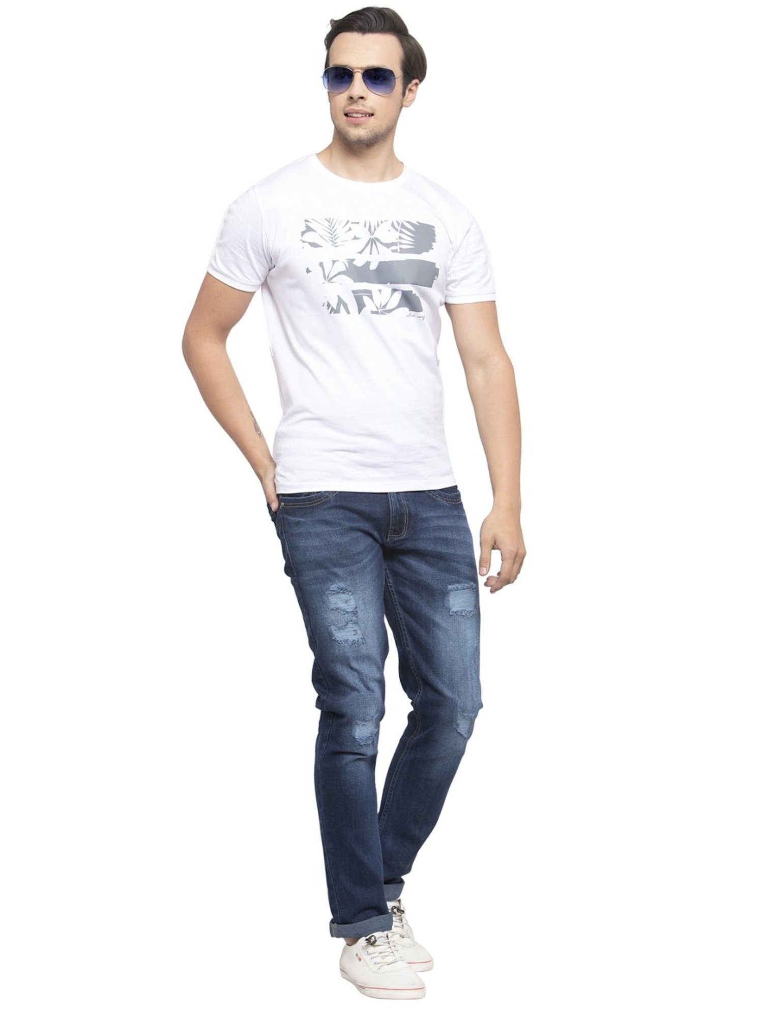 Allen Cooper Blue Regular Fit Distressed Jeans