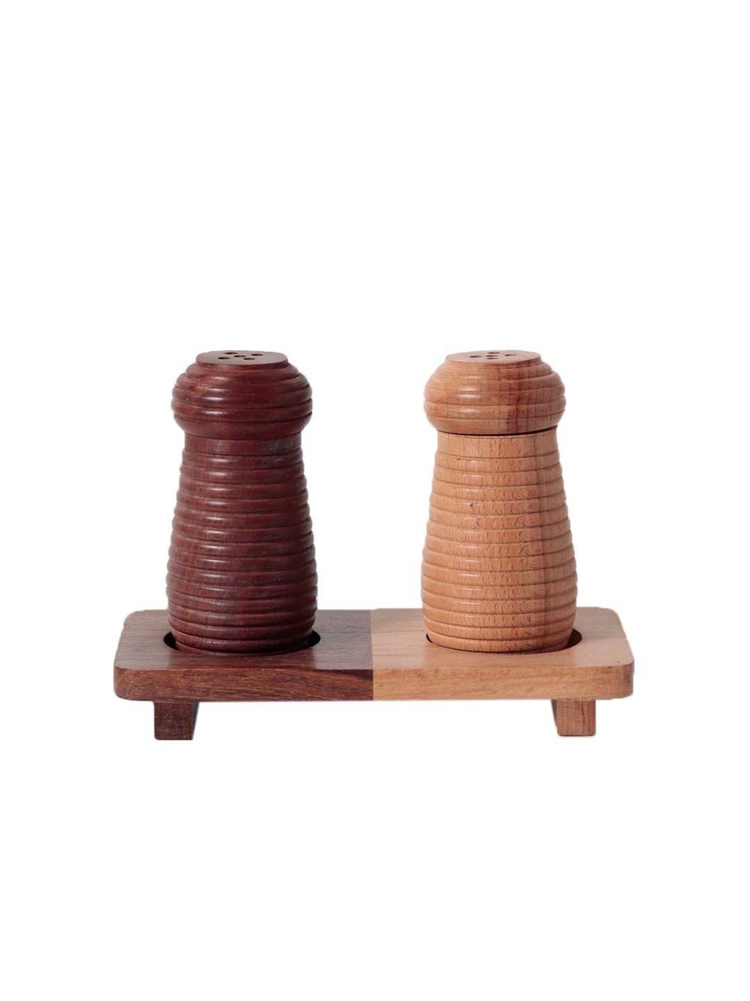 Unravel India Brown Ripple Wood Handcrafted Salt & Pepper Shaker With Stand (0.025 L)