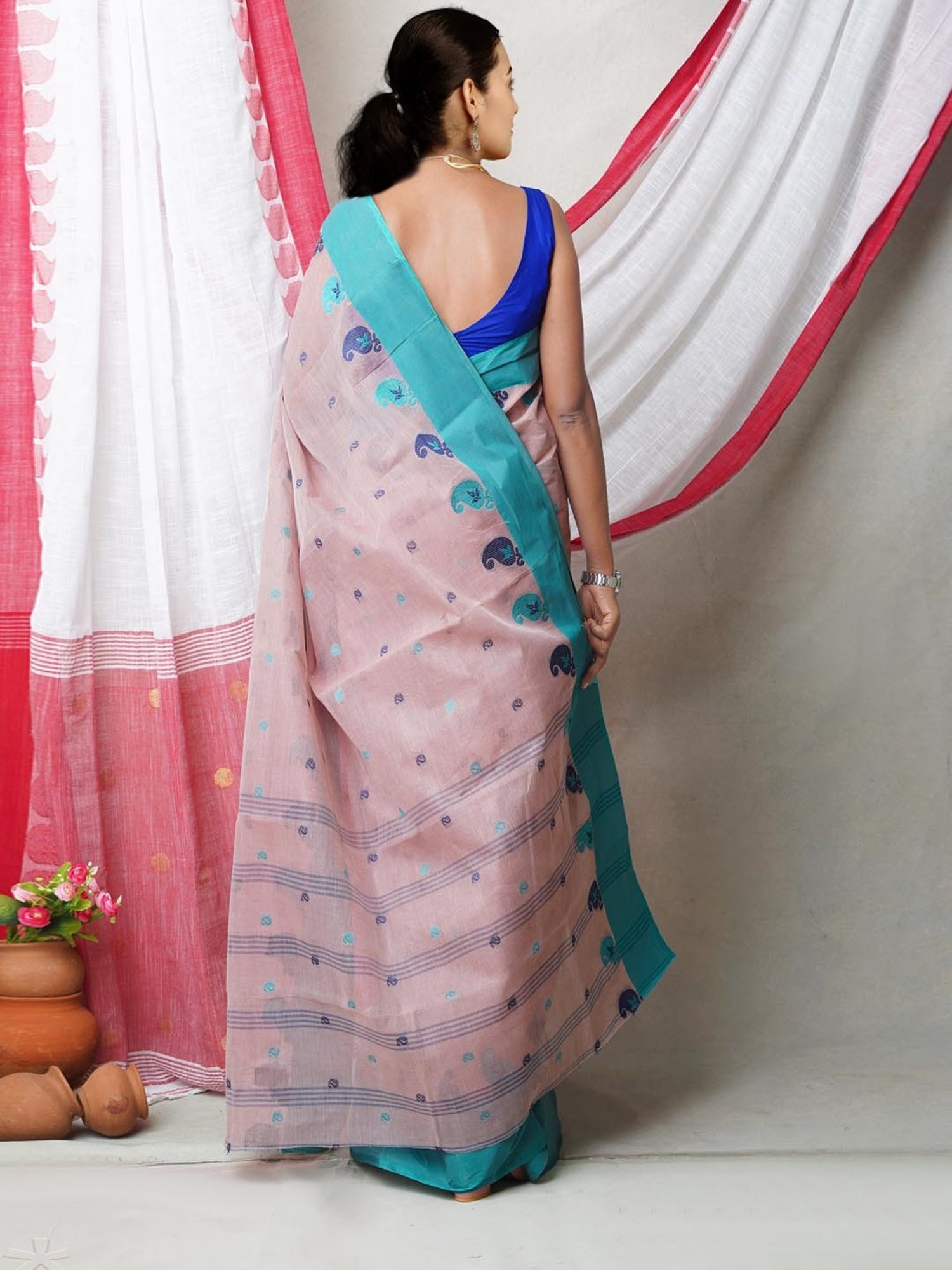 Unnati Silks Pink & Blue Cotton Woven Saree With Unstitched Blouse