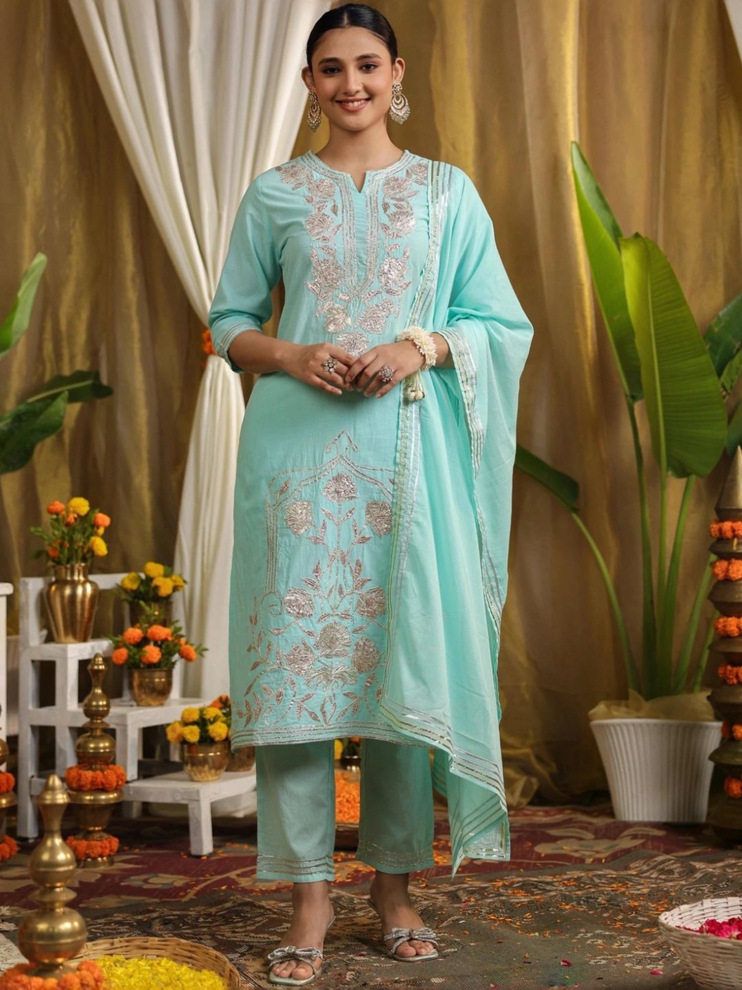 SCAKHI Turquoise Blue Cotton Gota Work Kurta and Pant With Dupatta