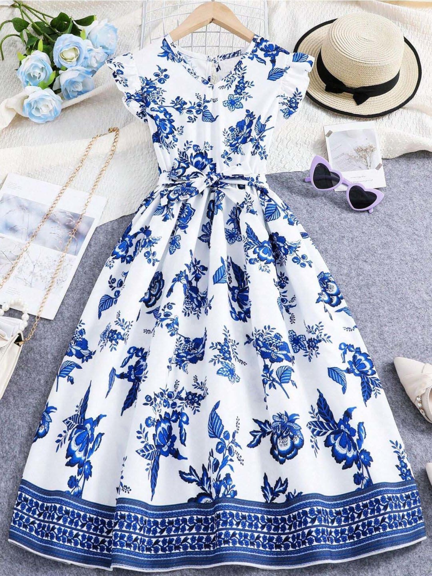 Bolly Lounge Girls Sky Blue & White Floral Dress