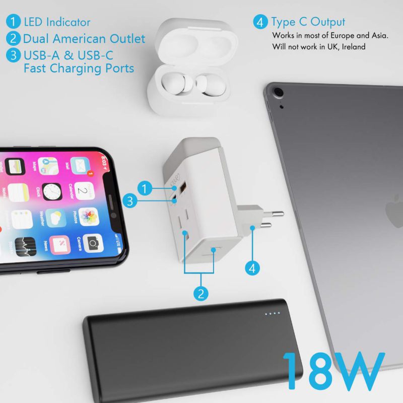 European Travel Adapter | Type C - USB-A & USB-C Ports + 2 USA Outlet (AP-9C)