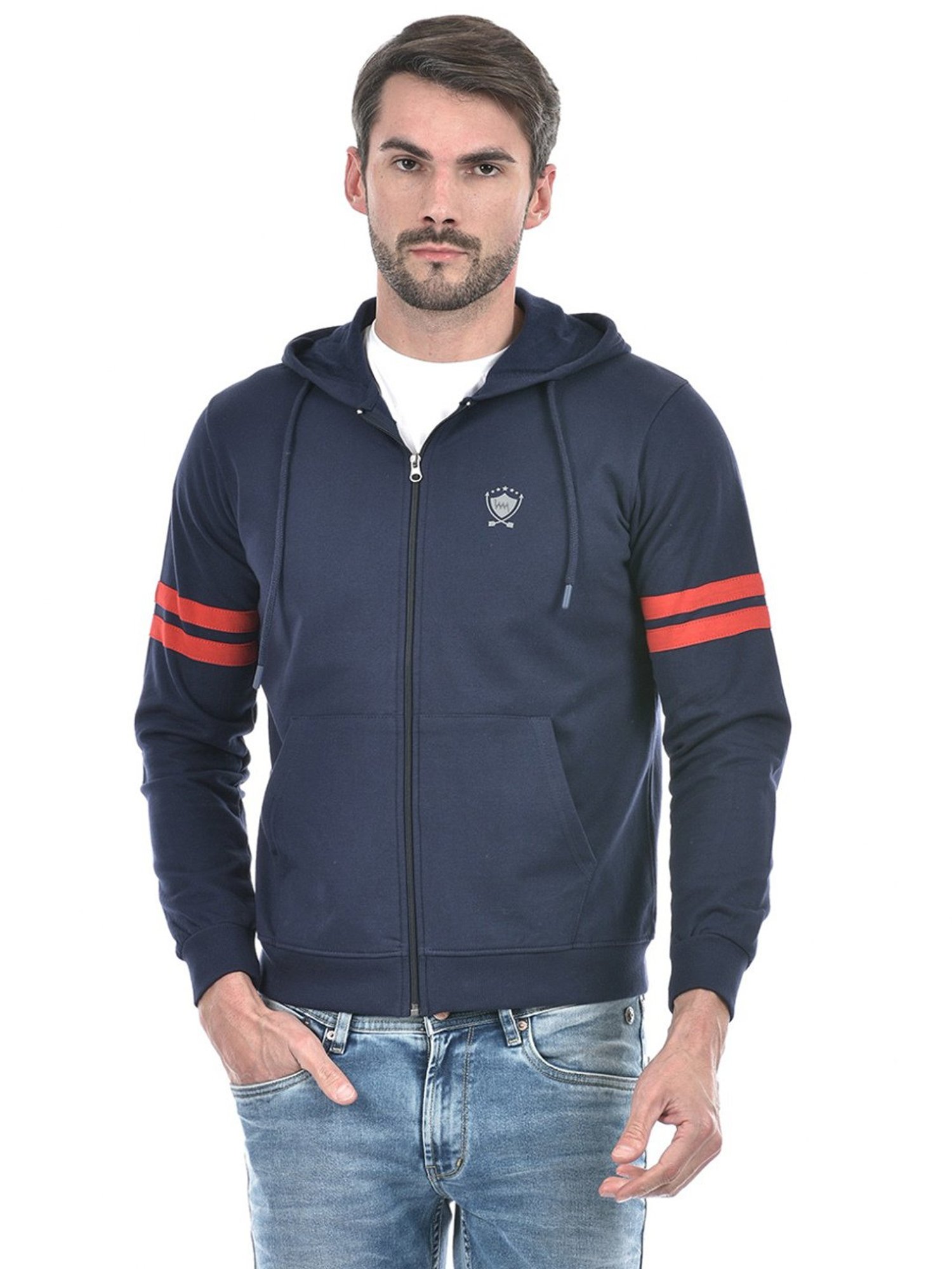 Lawman Navy Blue Cotton Regular Fit Striped Hooded Sweatshirts