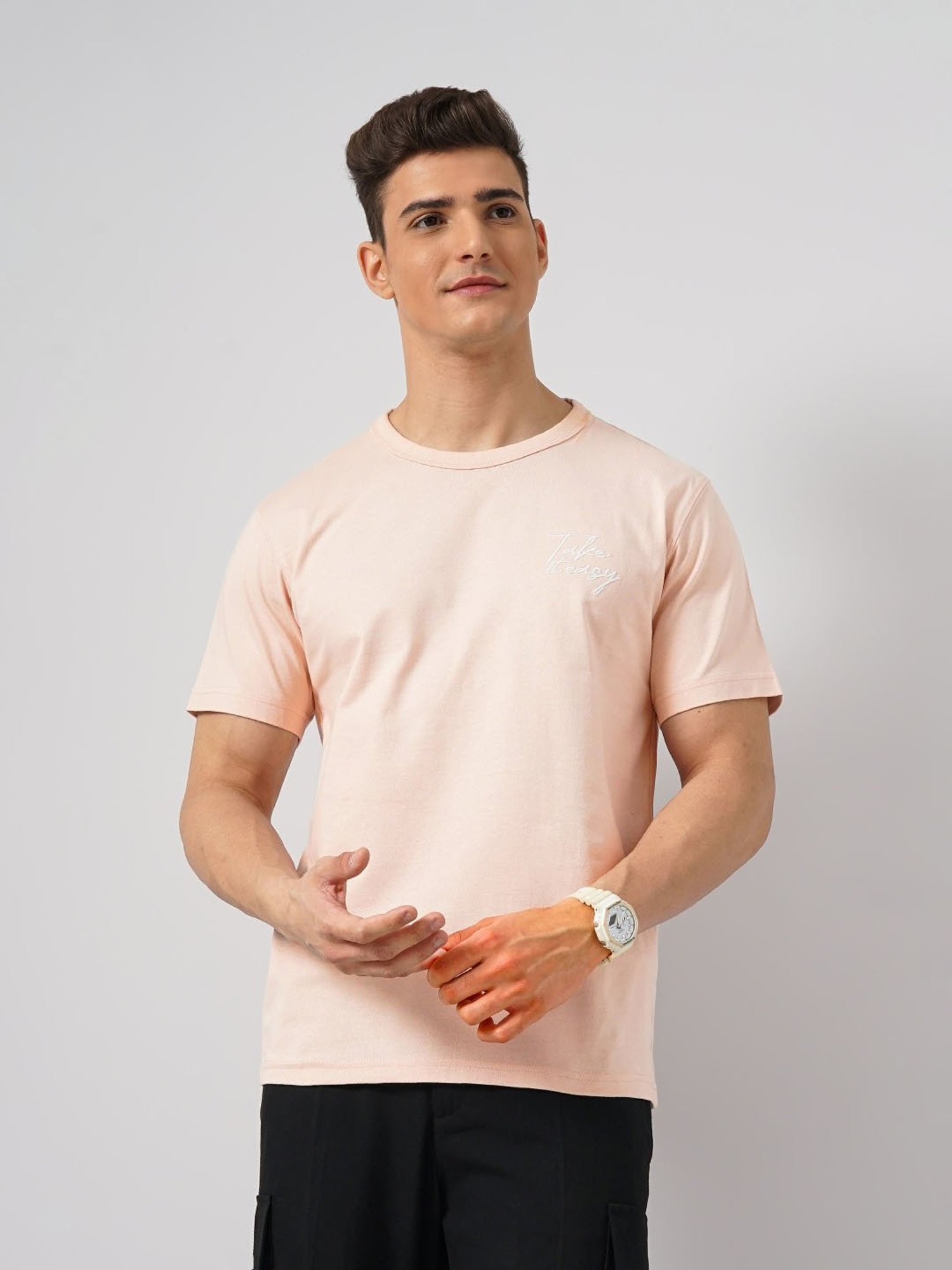 celio* Light Pink Regular Fit Cotton Crew T-Shirt