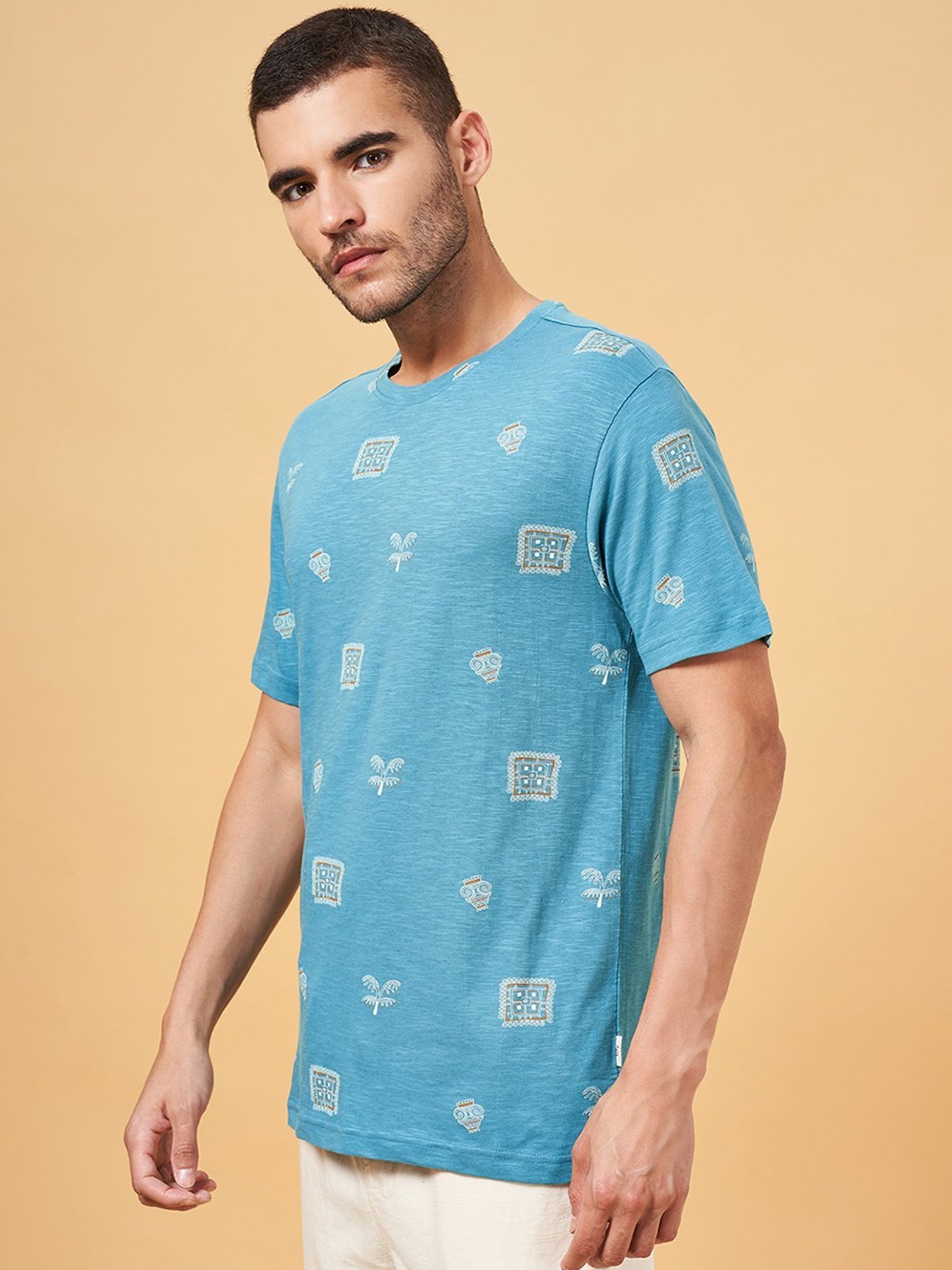 7 Alt by Pantaloons Teal Cotton Relaxed Fit Printed T-Shirt