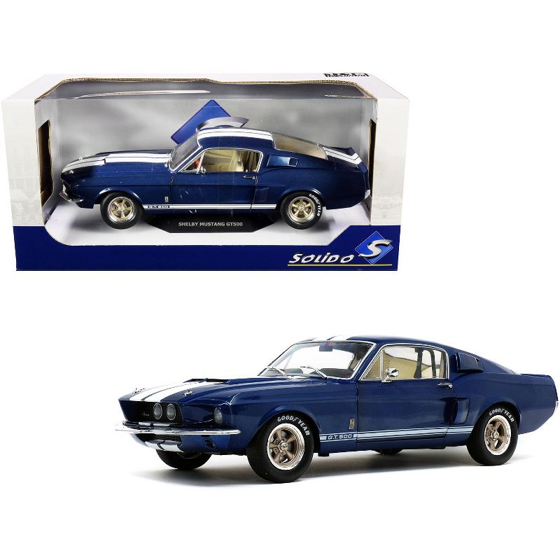 1967 Ford Mustang Shelby GT500 Nightmist Blue Metallic with White Stripes 1/18 Diecast Model Car by Solido