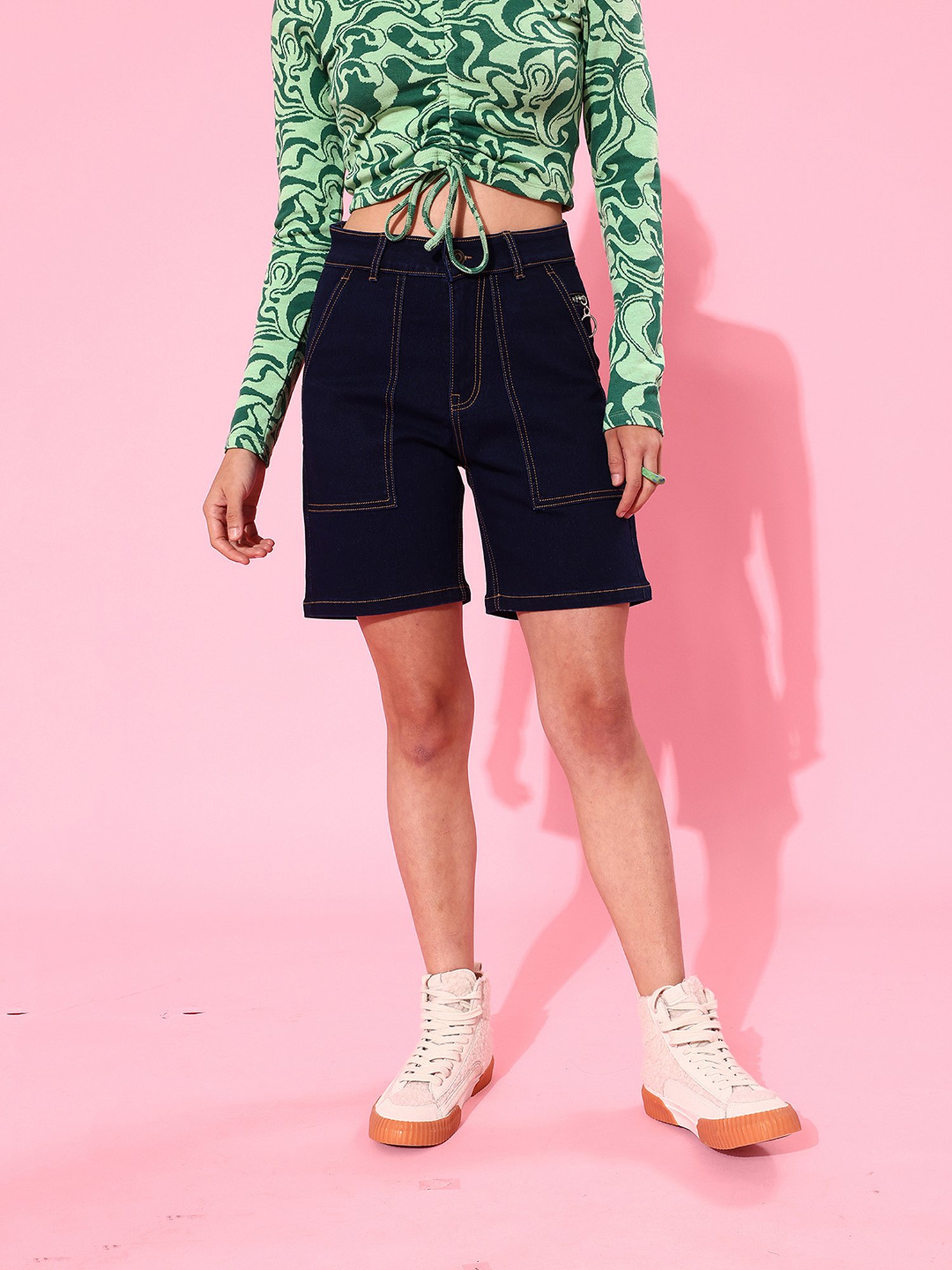 DOLCE CRUDO Dark Blue Denim Regular Fit High Rise Shorts