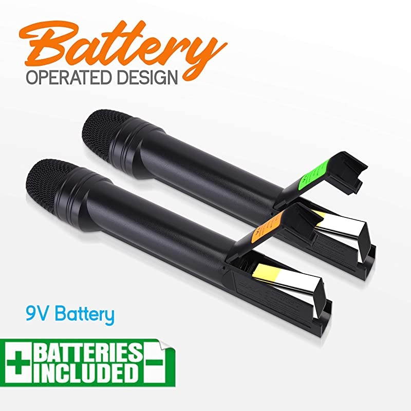 Dual Channel VHF Professional Wireless Microphone System Set with 2 Handheld Microphones, Receiver Base, 1/4'' Audio Connection Cable, Power Adapter - For Karaoke, PA, Public Event - PDWM2100