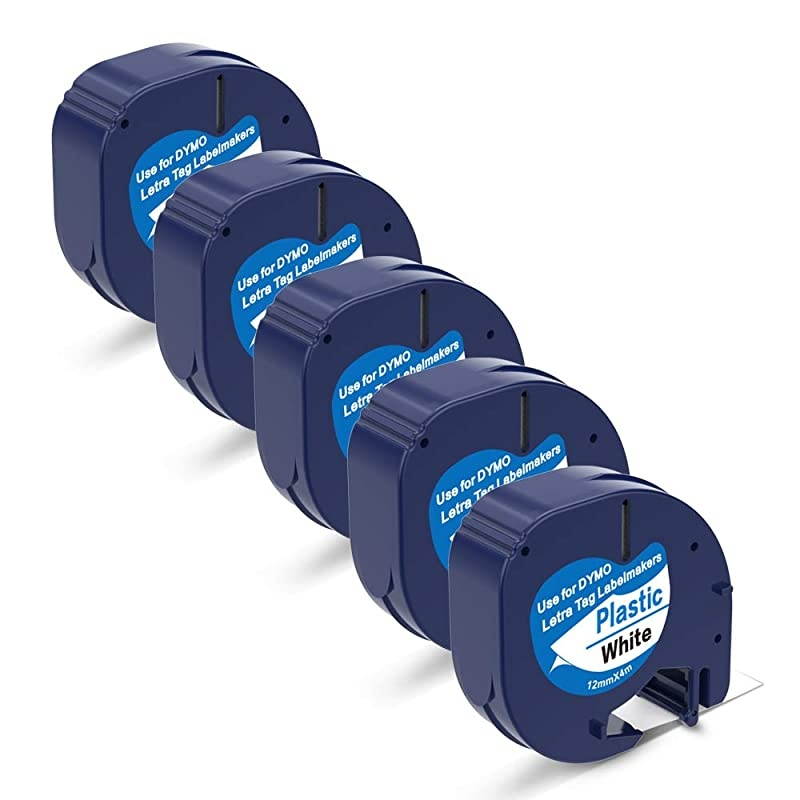 DYMO LetraTag Refills 91331 White Plastic Label Tape 12mm x 4m (1/2" x 13') Compatible with Dymo Letra Tag Label Maker LT100H LT100T QX50, 5-Pack