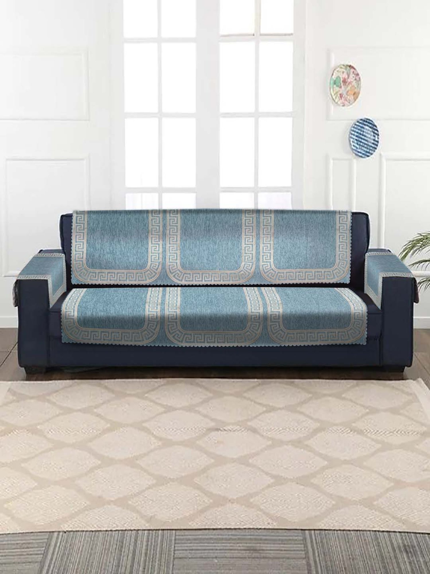 HOSTA HOMES Jacquard Blue Velvet 10 Piece 5-Seater Sofa Cover Set