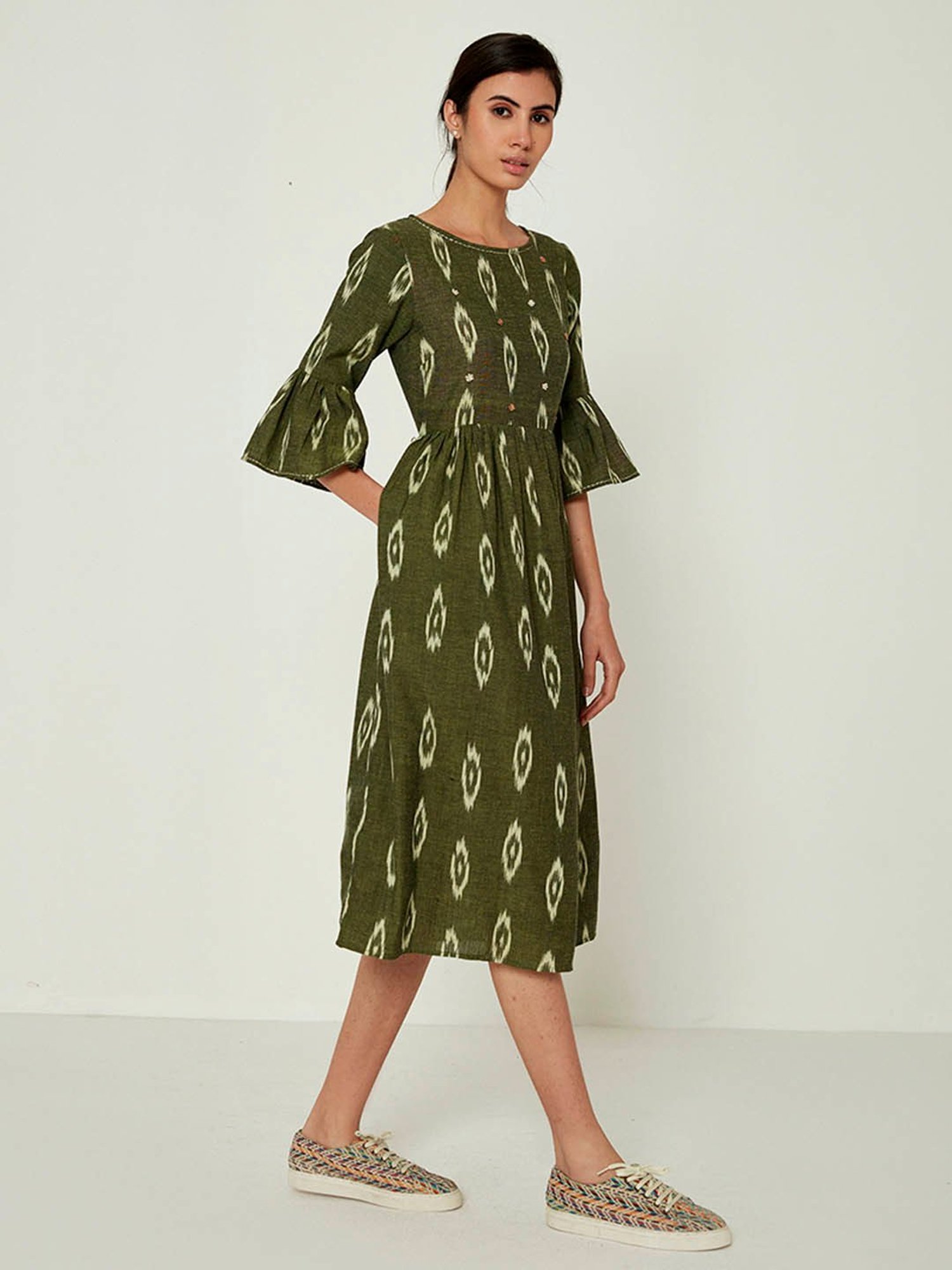 ANCESTRY Green Cotton Printed Midi Dress