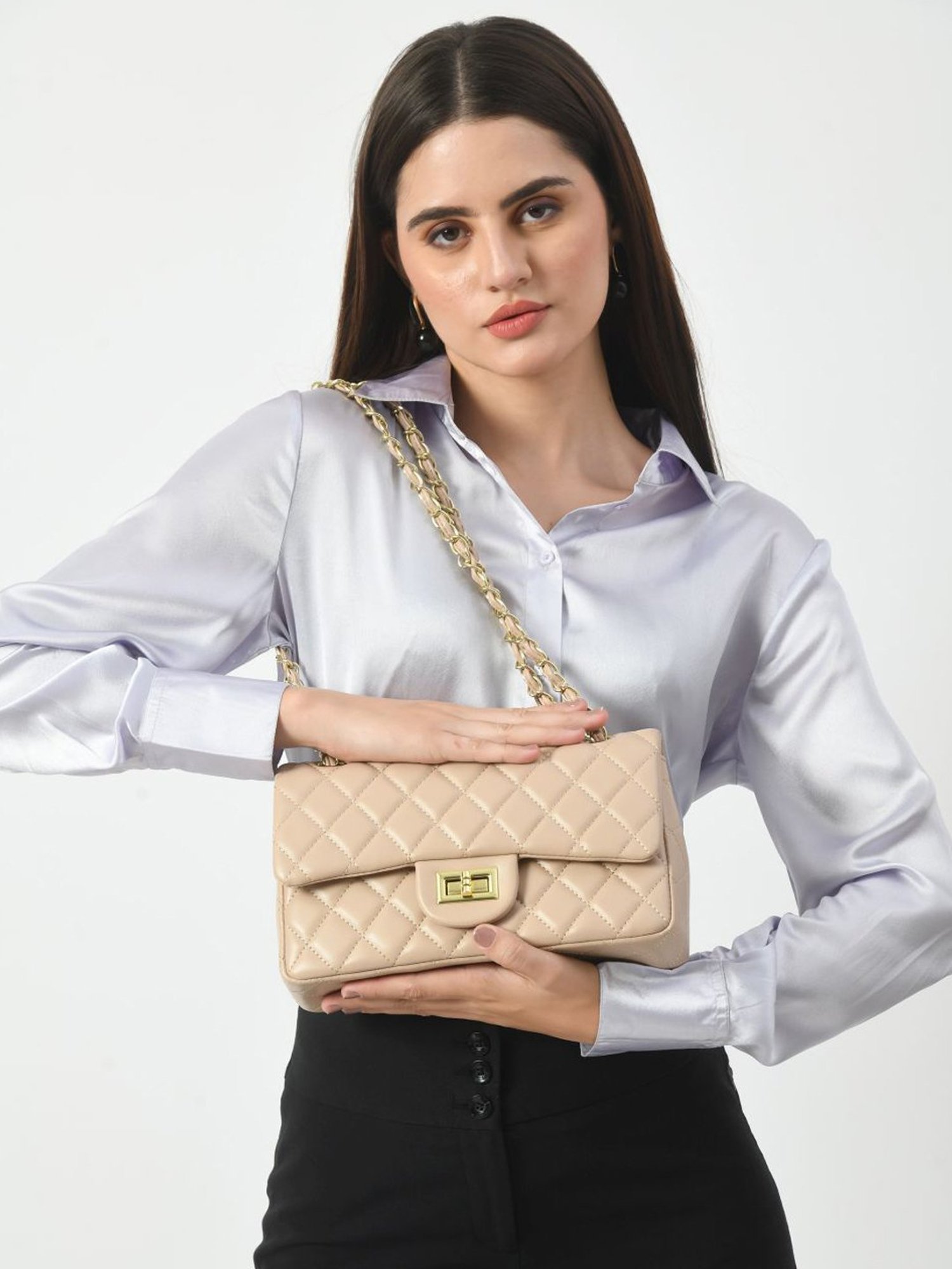 Angeline Beige Textured Medium Sling Handbag