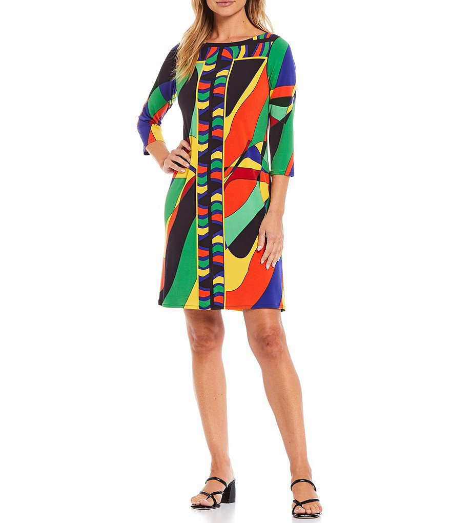 Eva Varro Abstract Geo Print Knit Jersey 3/4 Sleeve Shift Dress