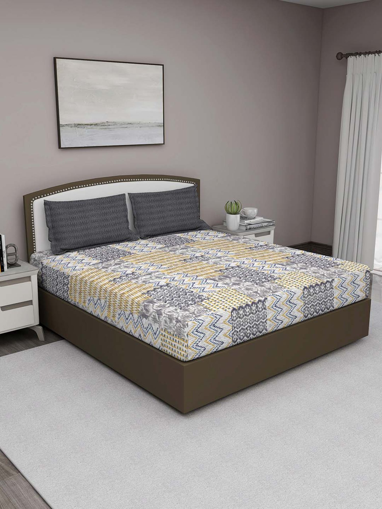 GM Grey & Beige 100% Cotton 180 TC Queen Bedsheet Set