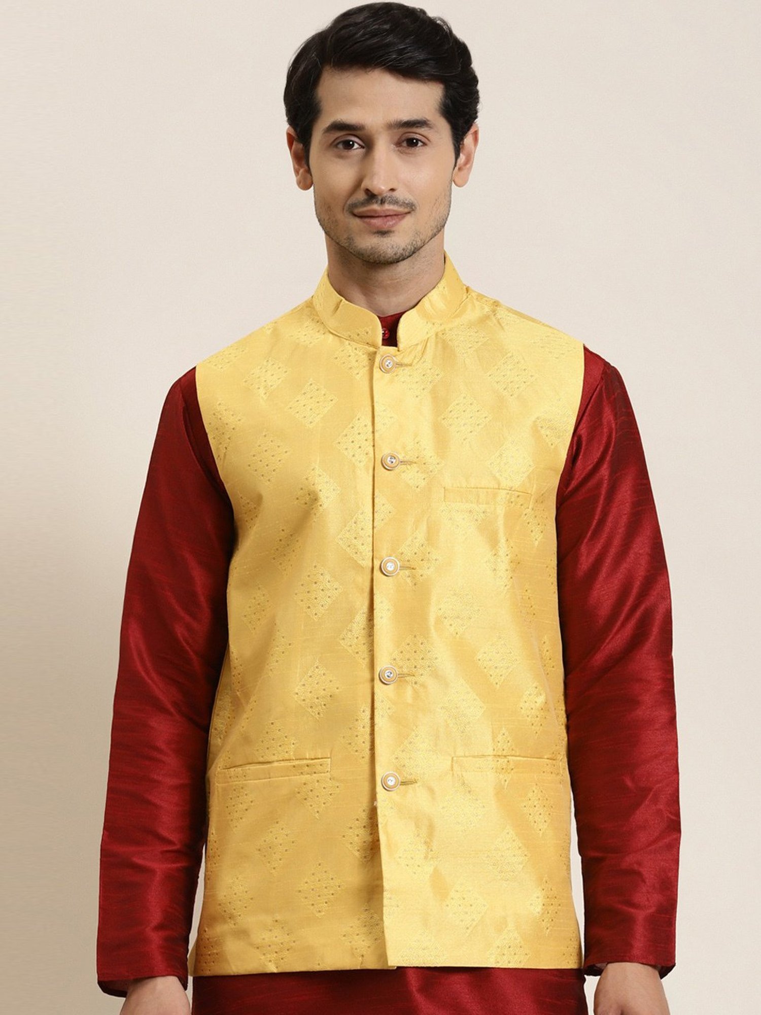 Sojanya Yellow Regular Fit Self Pattern Nehru Jacket
