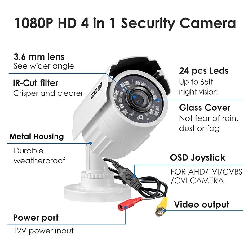 1080P 20MP HD 1920TVL Hybrid 4in1 TVICVIAHD960H CVBS CCTV Security Camera Indoor Outdoor 80ft Night VisionAluminum Metal Cam For 960H720P1080P5MP4K analog Surveillance DVR White